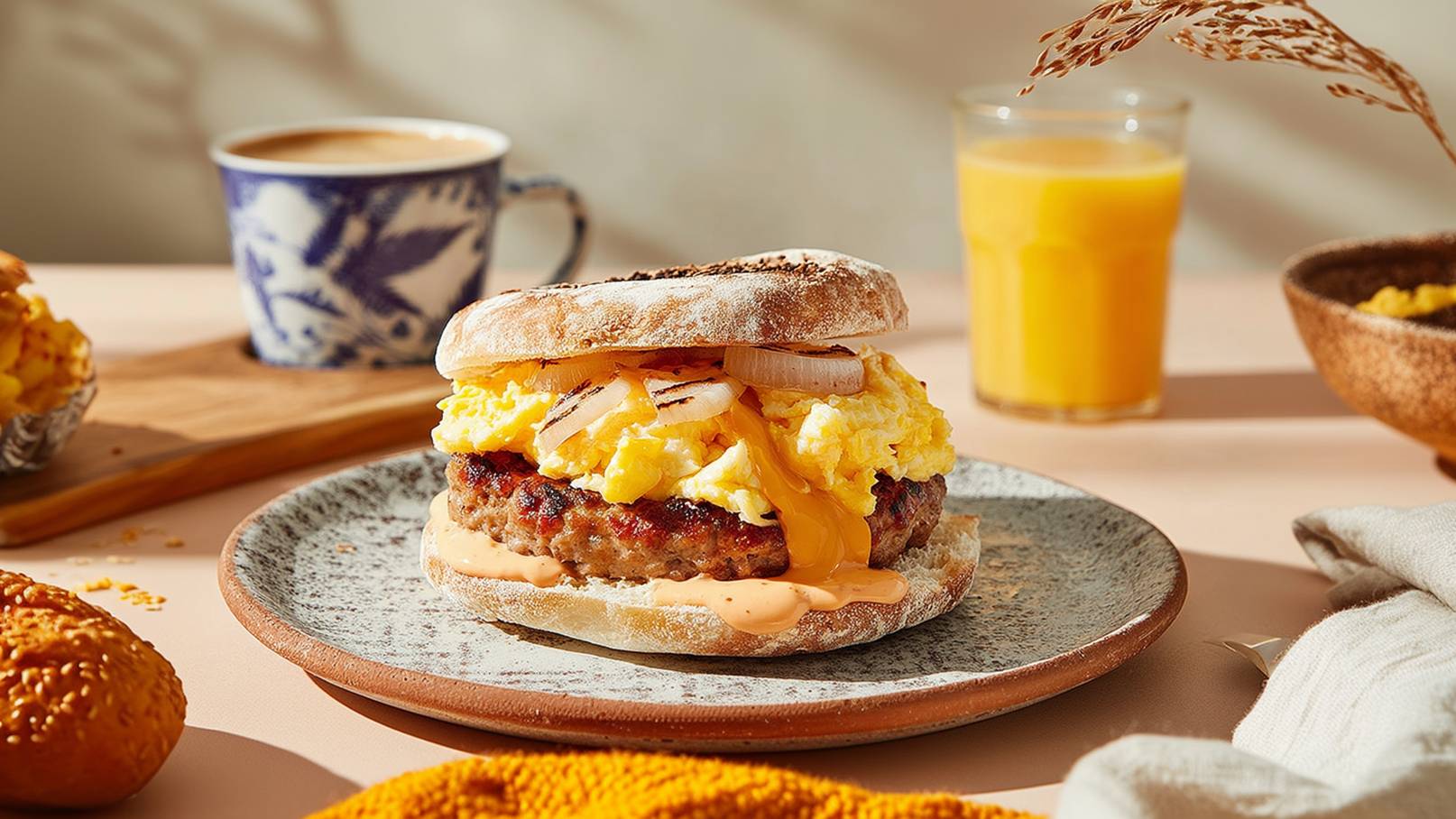 Ein rustikales Brötchen enthält ein herzhaftes Patty, cremige Rühreier und geschmolzenen Käse. Das Gericht ist auf einem grauen Teller angerichtet und wird von einem Kaffeebecher und einem Glas Orangensaft umgeben, was eine einladende Frühstücksszene schafft.