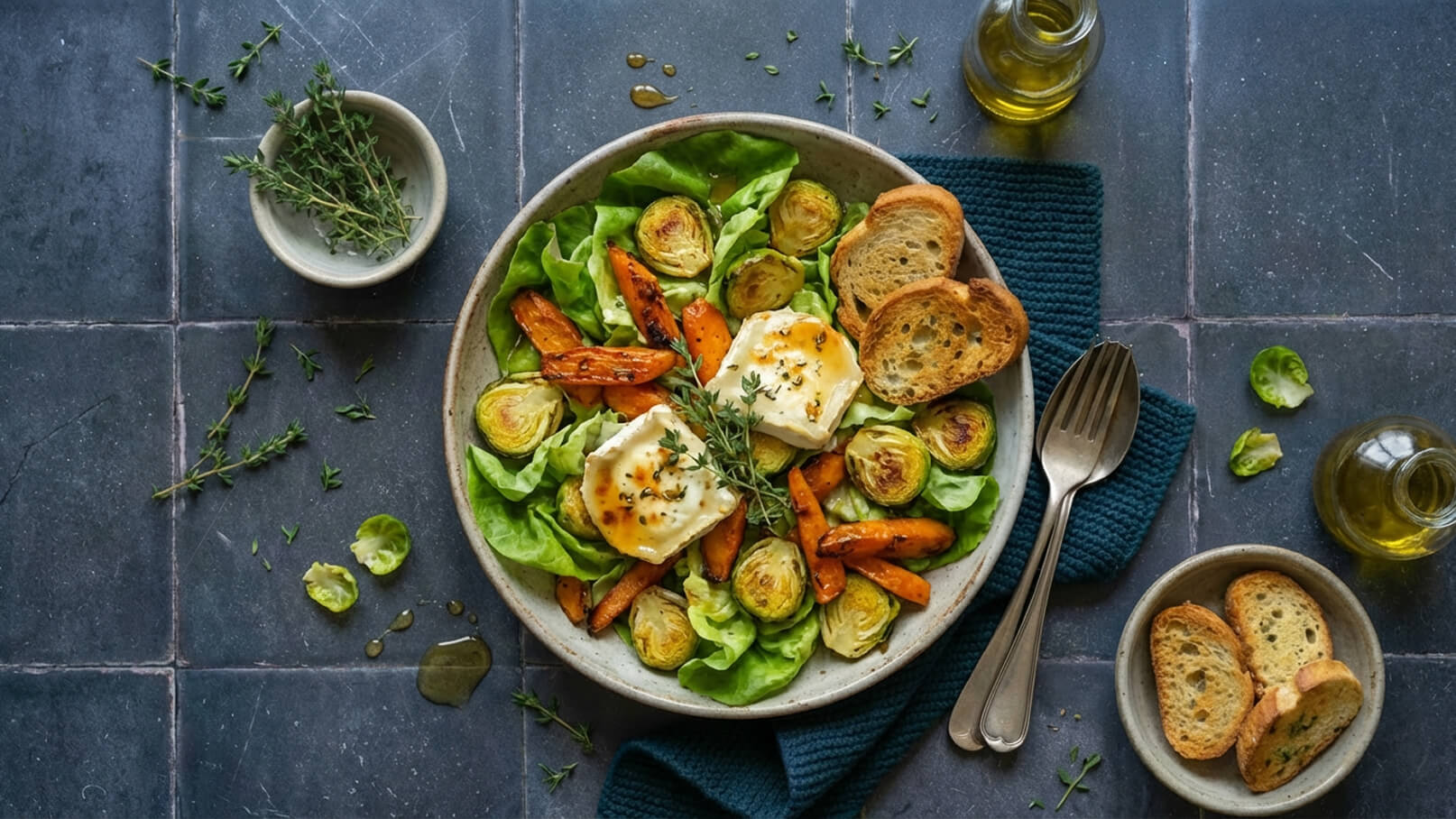 Ein Teller mit frischem Salat, angerichtet mit Röschen von Rosenkohl, gerösteten Karotten und zwei Portionen Käse. Dazu knusprige Scheiben Brot und frische Kräuter. Der Hintergrund zeigt eine dunkle, strukturierte Oberfläche.