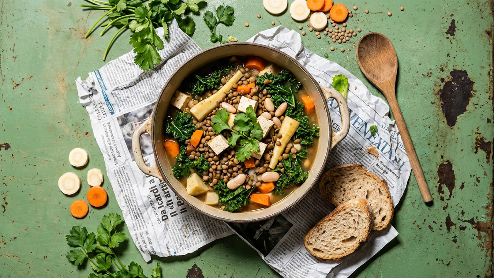 Ein großer Topf mit einer bunten Gemüsesuppe, die Linsen, grüne Blätter, Karotten und Würfel aus Tofu enthält. Frisches Koriandergrün ist auf der Suppe verteilt. Neben dem Topf liegen einige Scheiben Brot und einige geschnittene Gemüse auf Zeitungspapier.
