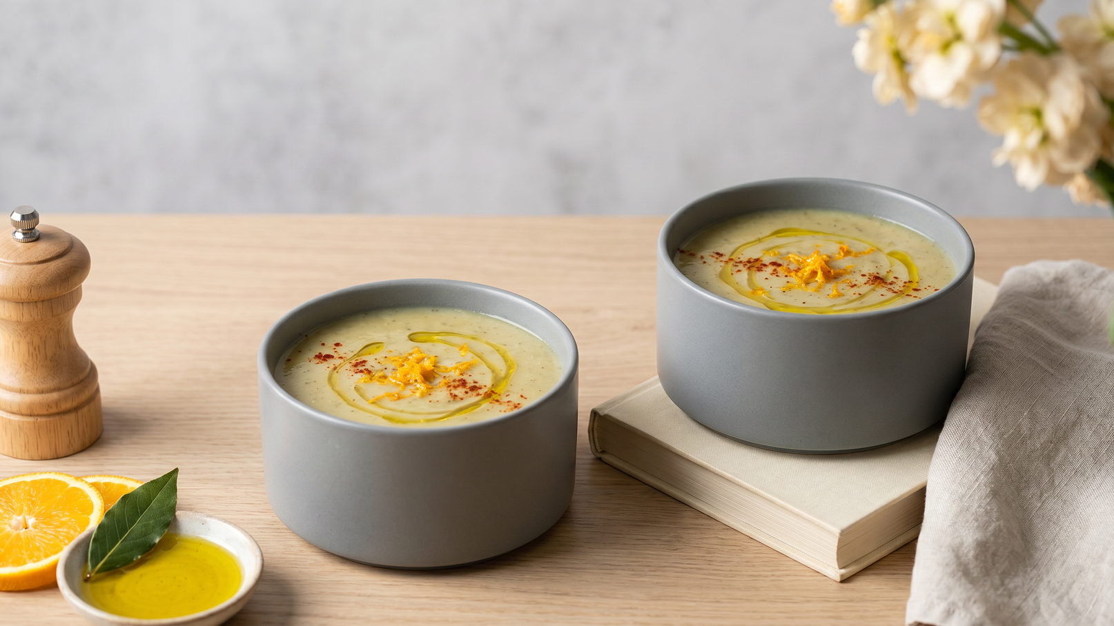 Zwei graue Schalen mit Suppe stehen auf einem Holztisch. Die Suppe ist cremig und hat einen Schuss Olivenöl sowie Gewürze obendrauf. Neben den Schalen liegen eine halbe Orange und ein kleiner Teller mit einer gelben Sauce. Ein Tuch und ein Buch sind ebenfalls zu sehen.