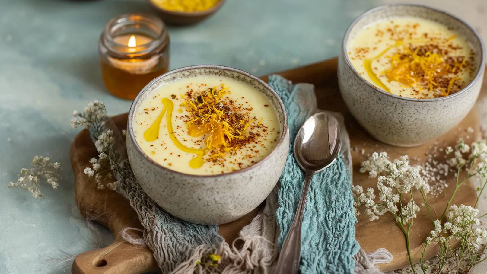 Zwei Schalen mit cremiger Suppe stehen auf einem Holzbrett. Die Suppe ist mit bunten Gewürzen und Blumen dekoriert. Neben den Schalen liegt ein Löffel und ein handgewebtes Tuch. Im Hintergrund brennt eine Kerze, und es sind kleine Blumen zu sehen.