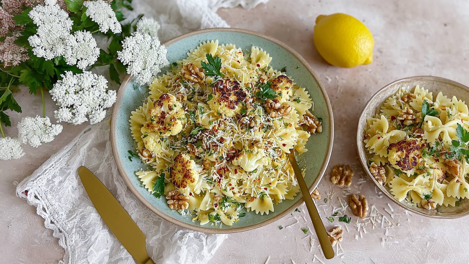 Ein Teller mit Farfalle-Nudeln, garniert mit gebratenem Blumenkohl, Walnüssen und frischen Kräutern. Darüber ist Käse gerieben, und eine Prise Chili ist sichtbar. Neben dem Teller liegt ein goldenes Besteckstück. Eine Zitrone ist ebenfalls im Bild.