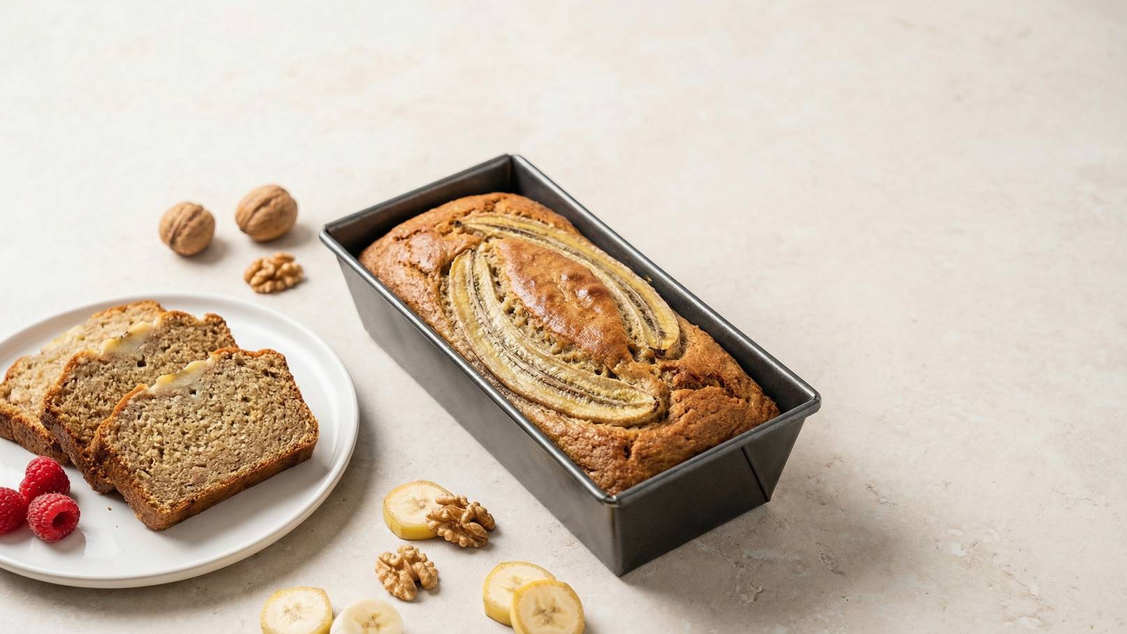Ein frisch gebackener Bananenbrot-Laib in einer Backform, daneben auf einem Teller mehrere Scheiben Bananenbrot. Frische Himbeeren und einige Walnüsse liegen um die Backform und den Teller. Die Bananenbrot-Scheiben sind leicht goldbraun.
