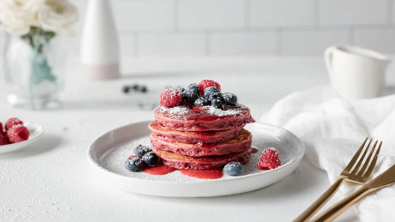 Ein Teller mit mehreren großen Pfannkuchen in rosa Farbe, garniert mit frischen Himbeeren und Heidelbeeren. Darüber befindet sich eine rote Fruchtsauce und ein Hauch Puderzucker. Der Teller ist auf einer hellen Oberfläche platziert, umgeben von einigen Beeren und Besteck.