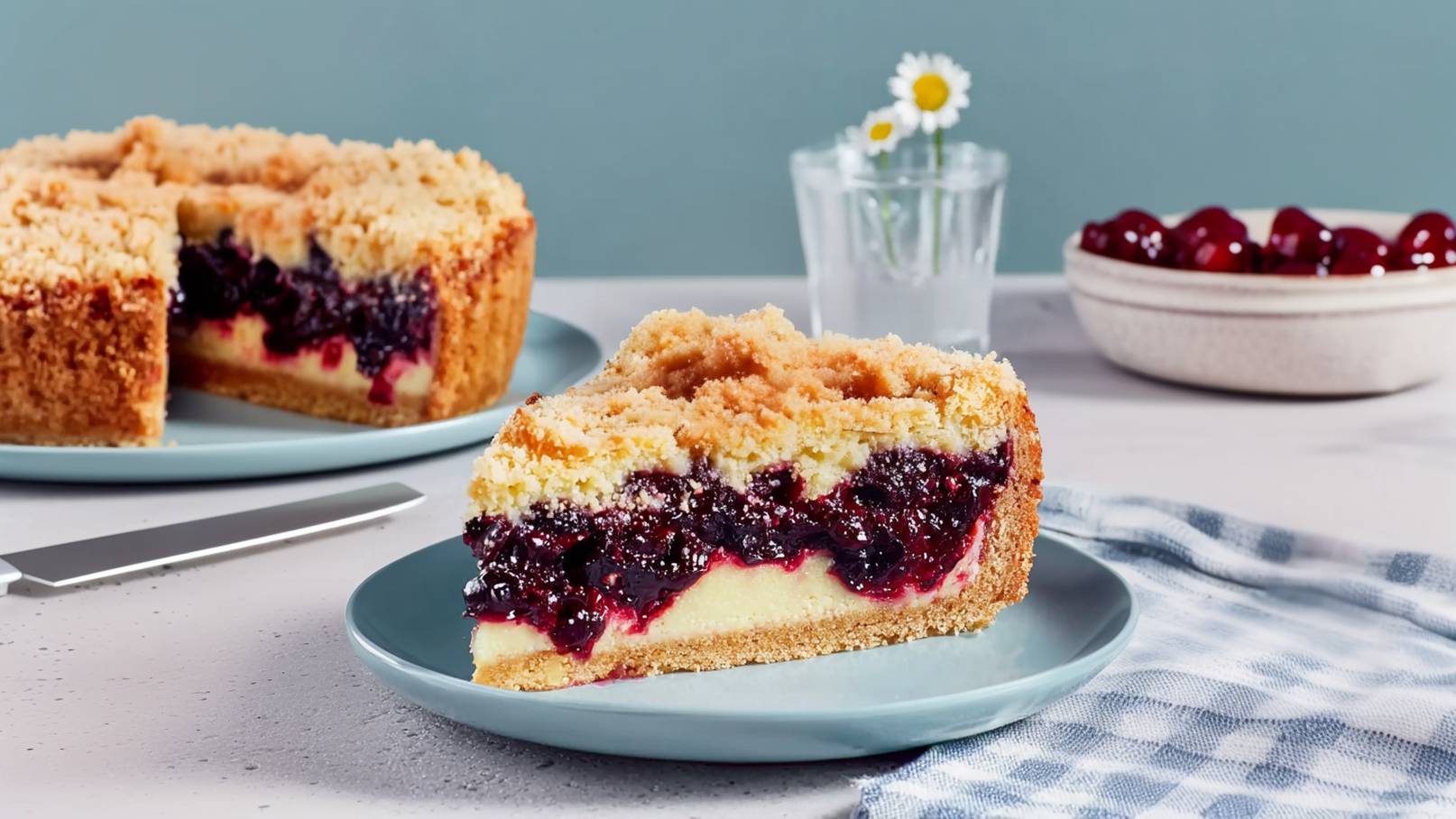 Ein Stück Käsekuchen auf einem blauen Teller, gefüllt mit einer dichten Schicht Kirschmarmelade und bedeckt mit Streuseln. Im Hintergrund steht eine ganze Torte und ein Glas Wasser mit einer Blume. Der Tisch ist mit einem karierten Tuch bedeckt.