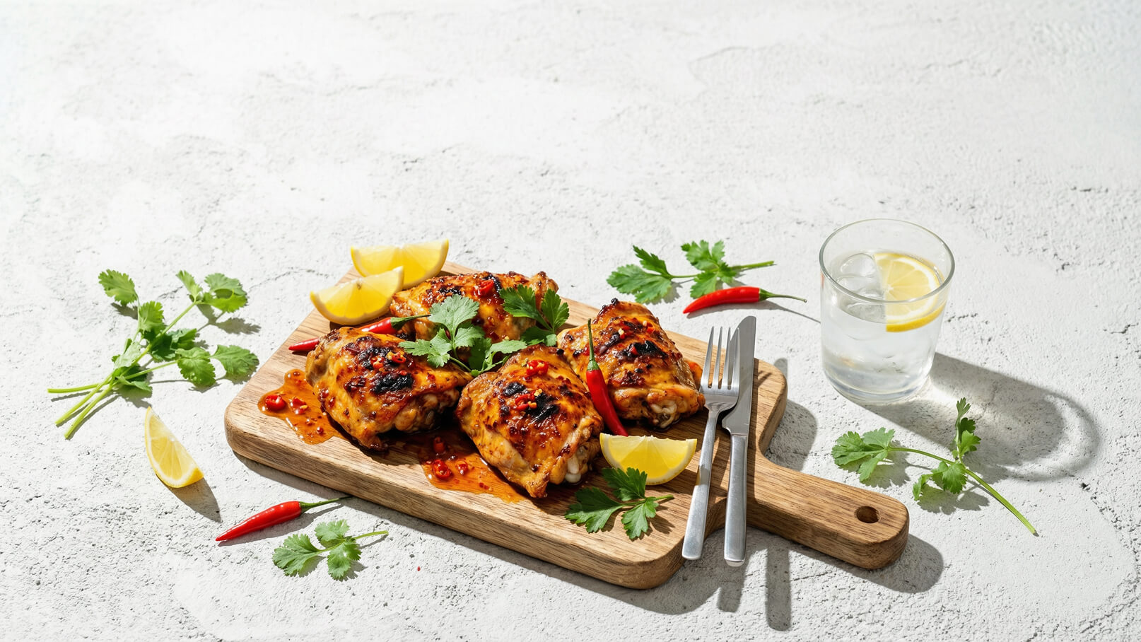 Auf einem Holzbrett liegen gegrillte Hähnchenschenkel, garniert mit frischem Koriander und roten Chilischoten. Dazu sind Zitronenscheiben platziert. Neben dem Brett stehen ein Messer, eine Gabel und ein Glas Wasser mit einer Zitronenscheibe.