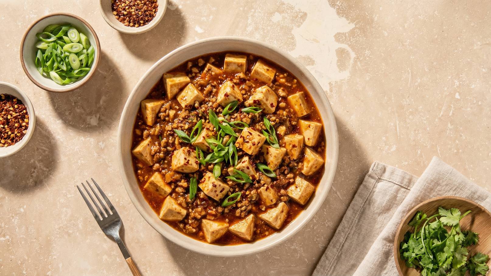 Ein Schüssel mit würzigem Tofu-Gericht, das mit gehackten Frühlingszwiebeln und roten Pepperflocken garniert ist. Der Tofu ist in gleichmäßige Stücke geschnitten und schwimmt in einer aromatischen Sauce. Daneben befinden sich Beilagen wie Frühlingszwiebeln und Pfefferflocken in kleinen Schalen.