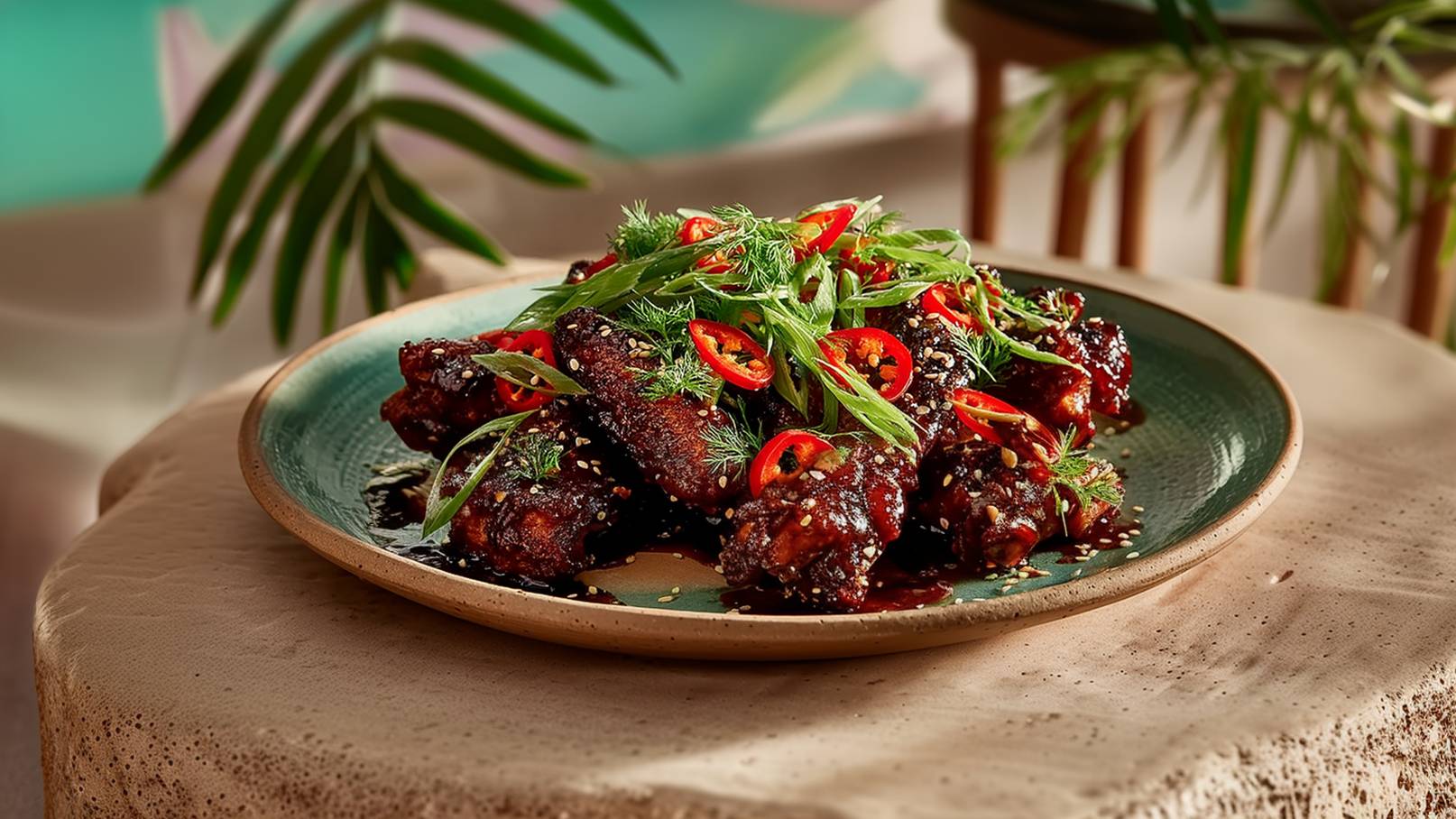 Ein Teller mit knusprigen Hähnchenflügeln, glasiert in einer dunklen Sauce. Die Flügel sind mit frischen Kräutern, roten Chilischoten und Sesam bestreut, auf einem grünen Teller angerichtet und vor einem verschwommenen, gemütlichen Hintergrund platziert.