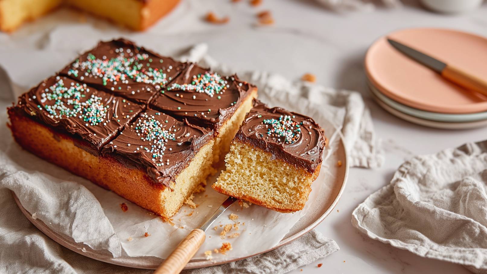 Ein quadratischer Kuchen mit Schokoladenglasur und bunten Streuseln, von dem ein Stück herausgeschnitten wurde. Der Kuchen liegt auf einem Teller, umgeben von Geschirr und Servietten.