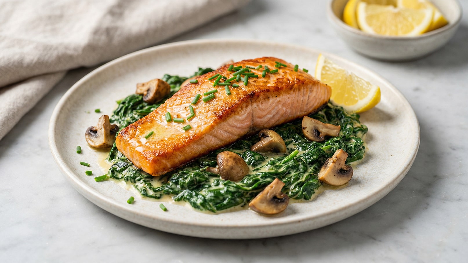 Ein Teller mit gegrilltem Lachsfilet liegt auf einem Bett aus Spinat. Um das Gericht sind einige gebratene Champignons angeordnet. Eine Zitronenscheibe und frischer Schnittlauch dekorieren das Essen. Der Teller steht auf einem hellen Untergrund.