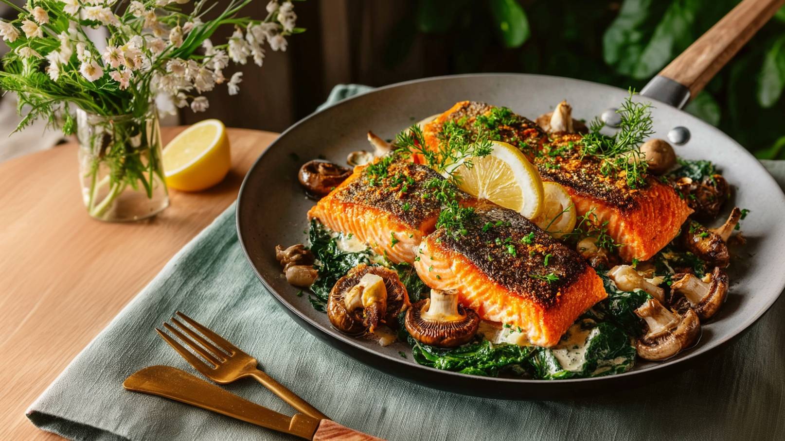Ein Teller mit gebratenem Lachsfilet, das auf einem Bett aus Spinat und frischen Champignons serviert wird. Der Lachs ist mit frischen Kräutern garniert und mit Zitronenscheiben dekoriert. Der Hintergrund zeigt eine sanfte Tischdecke und eine Blume in einer Vase.