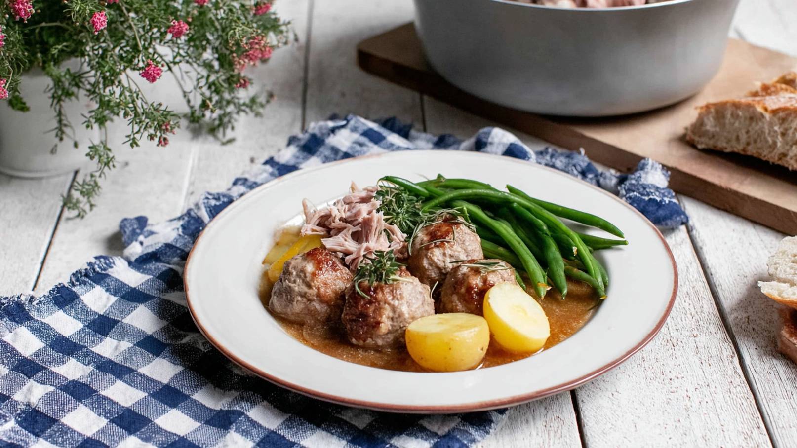 Ein Teller mit Fleischbällchen in einer Soße, umgeben von kleinen Kartoffeln und grünen Bohnen. Darüber liegt zerkleinertes Fleisch. Der Teller steht auf einem karierten Tuch. Im Hintergrund ist eine Schüssel und ein Stück Brot zu sehen.