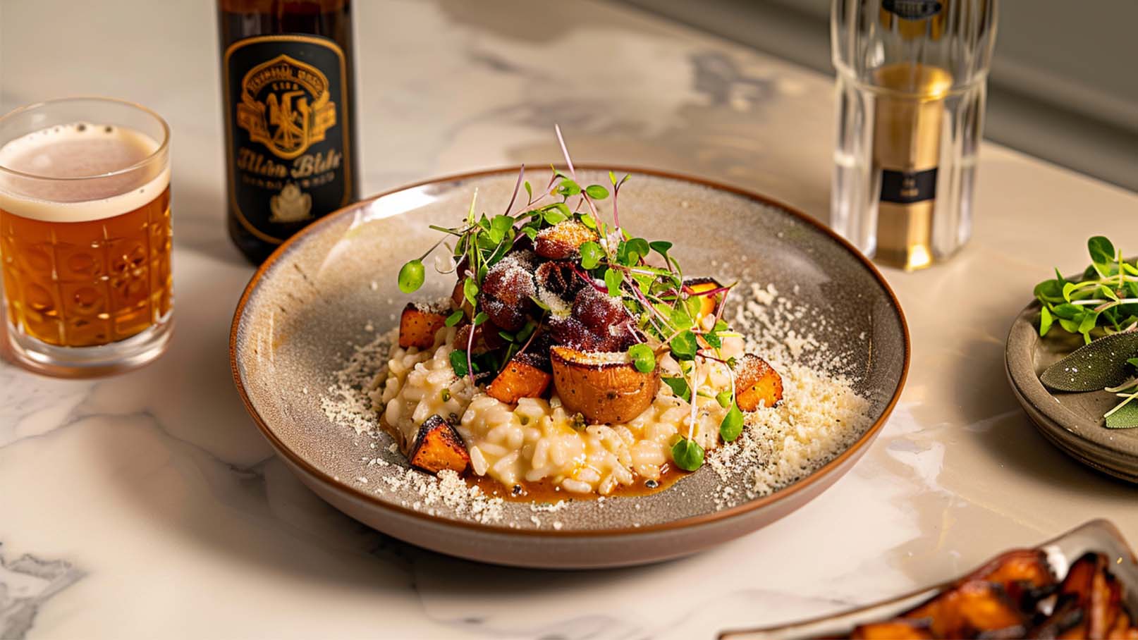 Ein Teller Risotto mit geröstetem Gemüse und frischen Kräutern. Das Gericht ist mit einer Käseschicht bedeckt und wird von gebratenen Kürbisstücken und zarten Erbsensprossen garniert. Im Hintergrund steht ein Glas Bier.