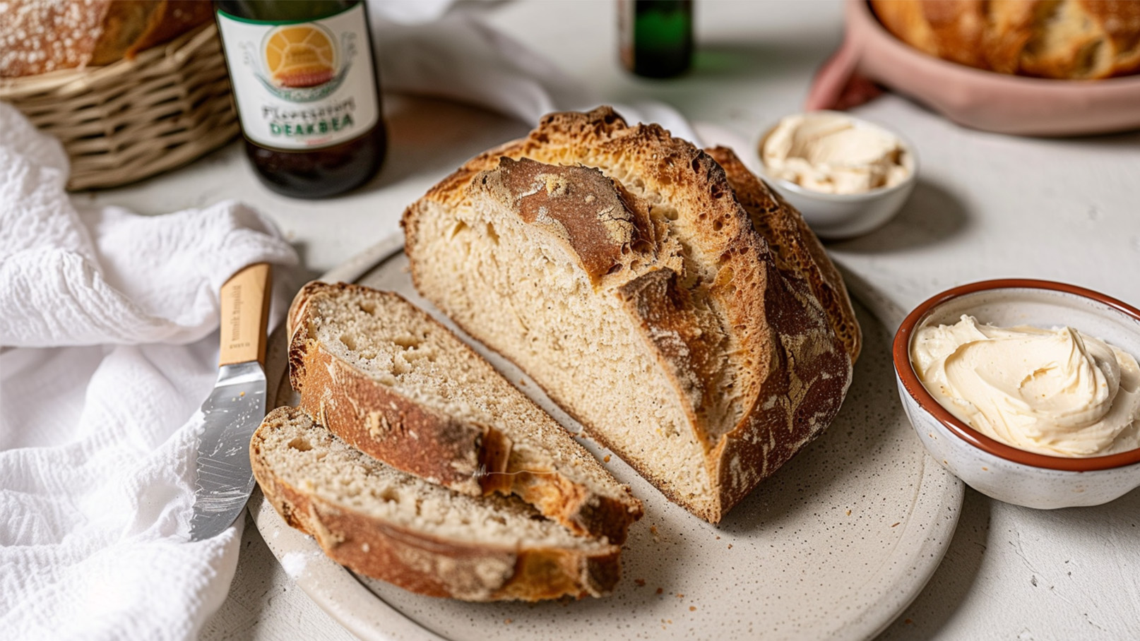 Auf dem Bild sieht man ein frisch gebackenes, rustikales Brot, das teilweise auf einem Teller geschnitten ist. Neben dem Brot befindet sich ein kleiner Schälchen mit Butter und ein Messer, das zur Verwendung bereitliegt. Die Szene vermittelt ein einladendes Frühstücksambiente.