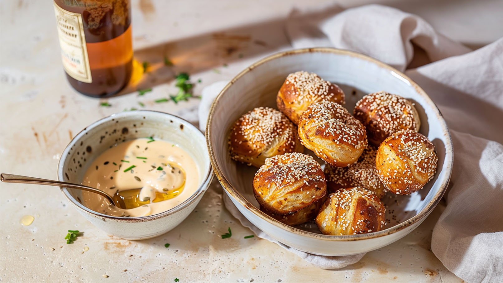 Ein Teller mit goldbraunen, mit Sesam bestreuten Brötchen ist im Vordergrund zu sehen. Daneben befindet sich eine kleine Schüssel mit einer cremigen Sauce, die mit Kräutern garniert ist. Der Hintergrund zeigt eine dezente, einladende Tischdekoration.