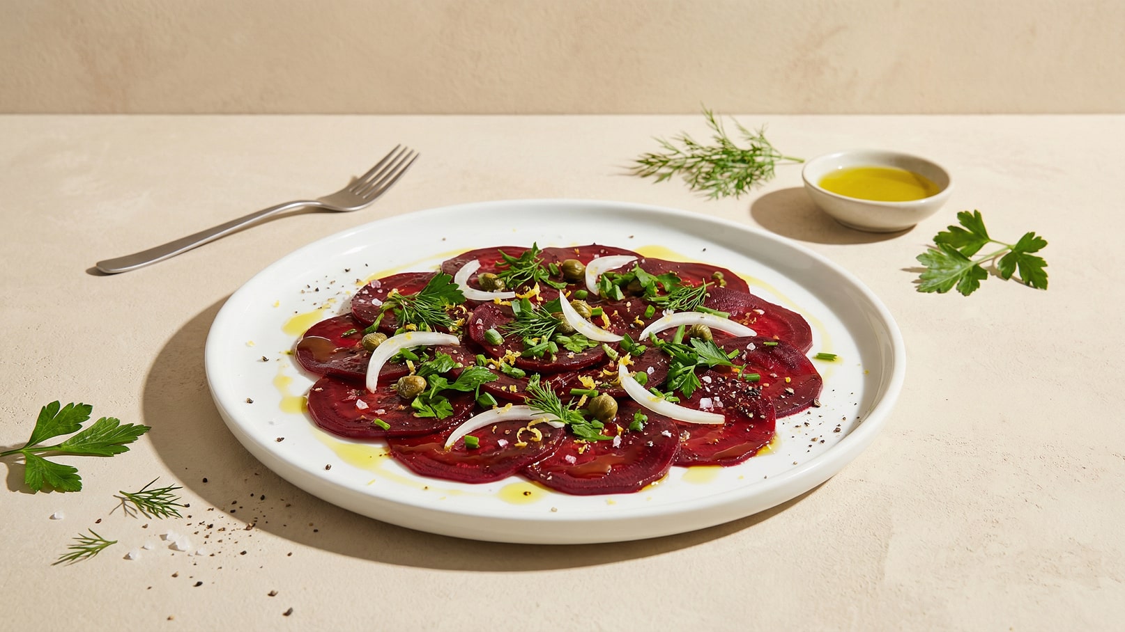 Ein Teller mit dünnen Scheiben Rote Bete, garniert mit frischen Kräutern, Zwiebelringen und Kapern. Darüber befinden sich ein wenig Zitronenzesten und Öl. Im Hintergrund sind ein paar Kräuter und eine Schale mit Öl zu sehen.