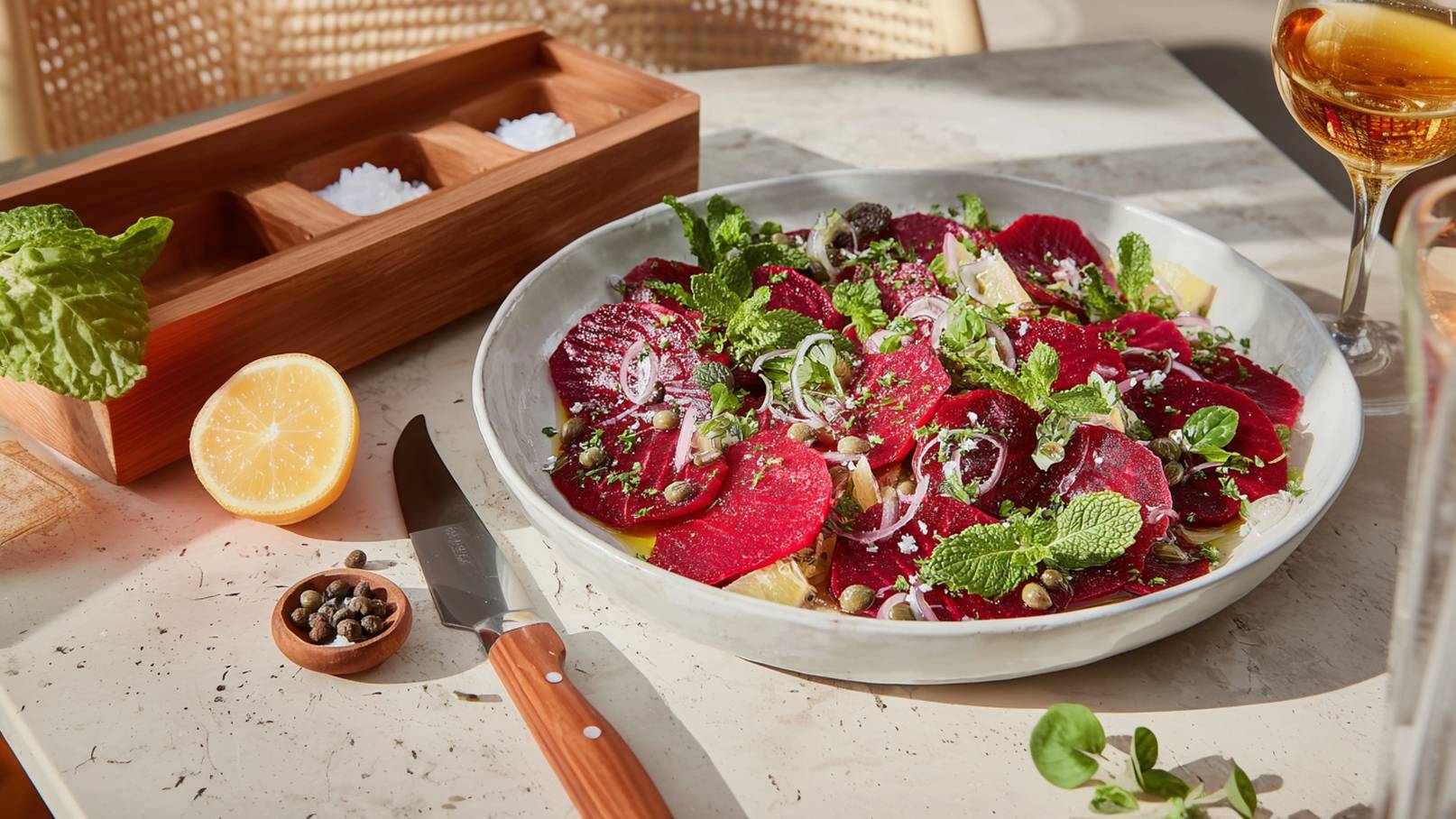 Eine flache Schale mit buntem Salat besteht aus dünn geschnittenen Rüben, frischen Kräutern wie Minze, und Zwiebeln. Um die Schale liegen mehrere Zutaten wie eine halbe Zitrone und ein kleines Schalengefäß mit Gewürzen. Im Hintergrund steht ein Glas mit einem hellen Getränk.