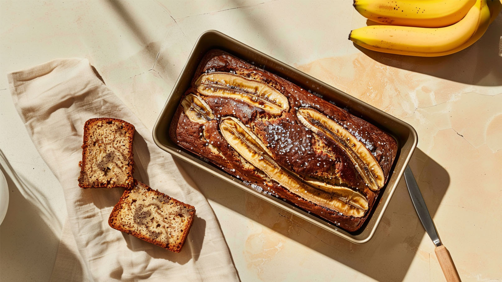 Ein frisch gebackener Bananenkuchen in einer Backform, garniert mit halben Bananen und einer Prise Puderzucker. Neben der Form liegen zwei Stücke des geschnittenen Kuchens auf einem hellen Tuch. Im Hintergrund sind einige Bananen sichtbar.