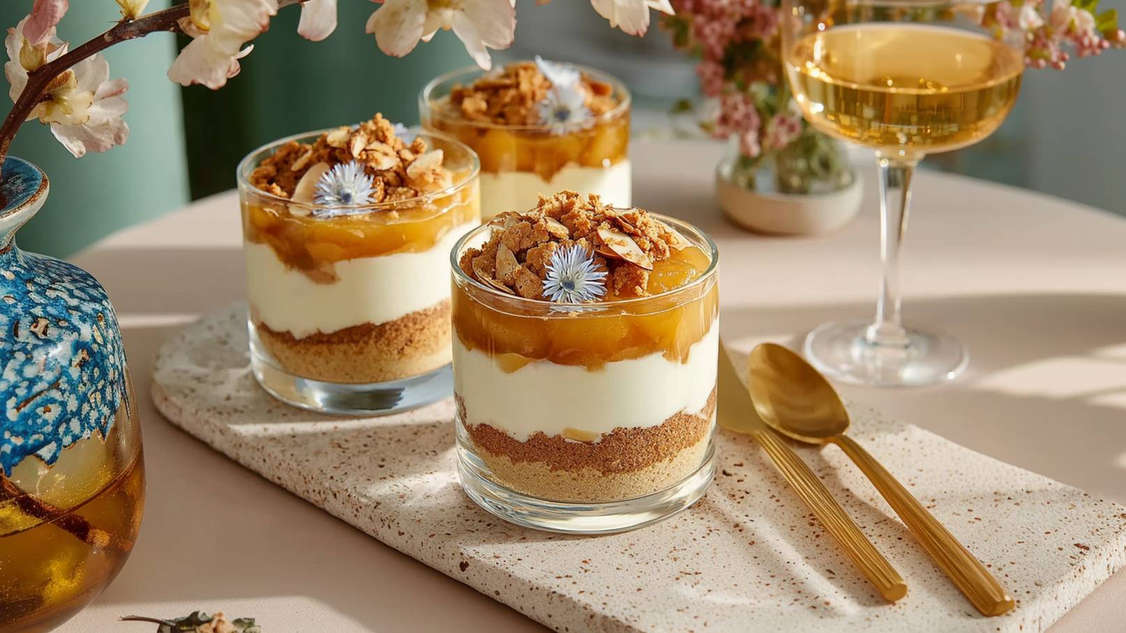 Drei Gläser mit einer Schichtung aus Keksboden, Joghurt und Fruchtkompott sind auf einem Untersetzer angeordnet. Die Desserts sind mit zerbröselten Keksen und einer Blume verziert. Im Hintergrund steht ein dekoratives Glas mit einem Getränk.
