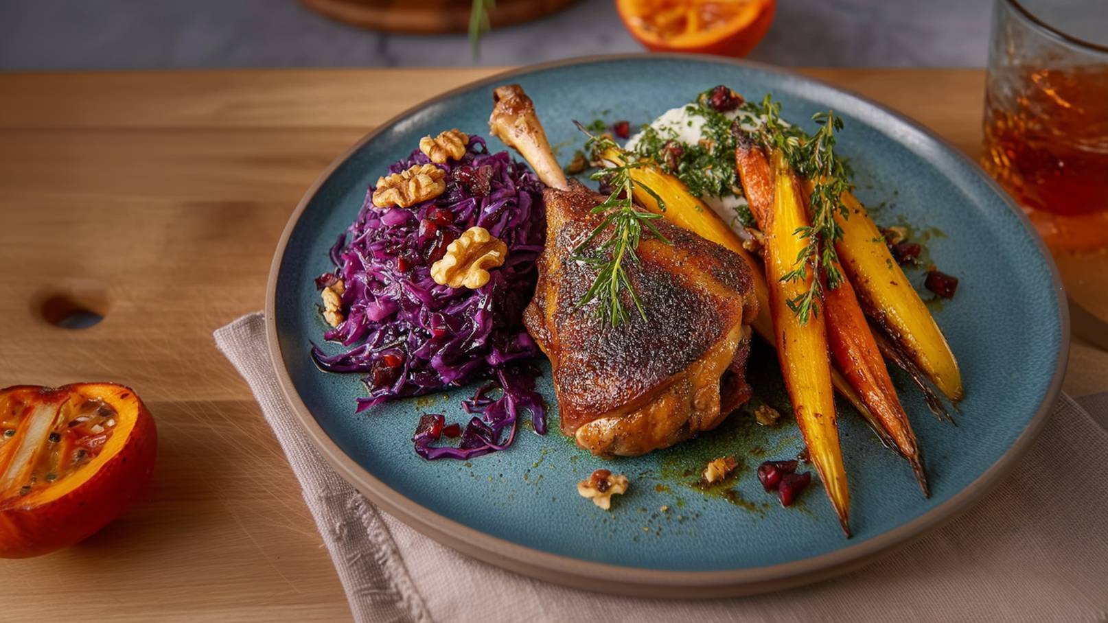 Ein Teller mit gebratenem Entenfleisch, garniert mit frischen Kräutern. Daneben befinden sich lila Rotkohl, angerichtet mit Walnüssen, sowie goldene Karotten. Im Hintergrund ist ein Glas und eine halbierte Orange zu sehen.