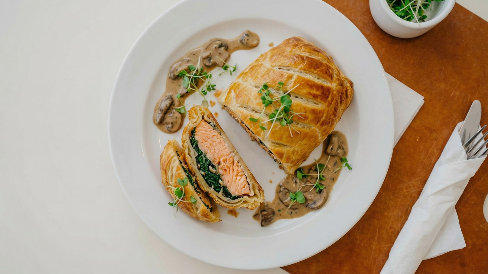 Ein Teller mit einem gefüllten Blätterteiggericht, das aufgeschnitten ist, um Lachs und Spinat zu zeigen. Um das Gericht herum sind kleine Tropfen einer cremigen Pilzsauce und einige frische Kräuter. Ein zusätzlicher Behälter mit Kräutern ist ebenfalls sichtbar.