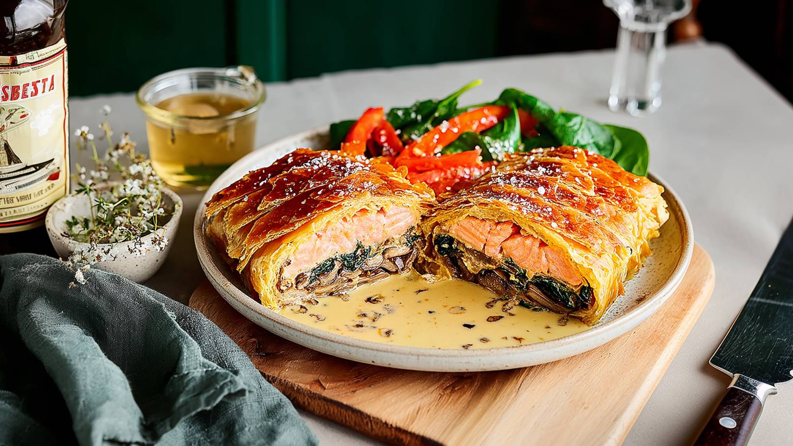 Ein Teller mit gefülltem Blätterteig, der Lachs, Spinat und Pilze enthält. Dazu eine cremige Sauce und eine Beilage aus frischem Spinat und Paprika. Die Speise ist ansprechend angerichtet und zeigt eine Kombination aus verschiedenen Texturen und Farben.