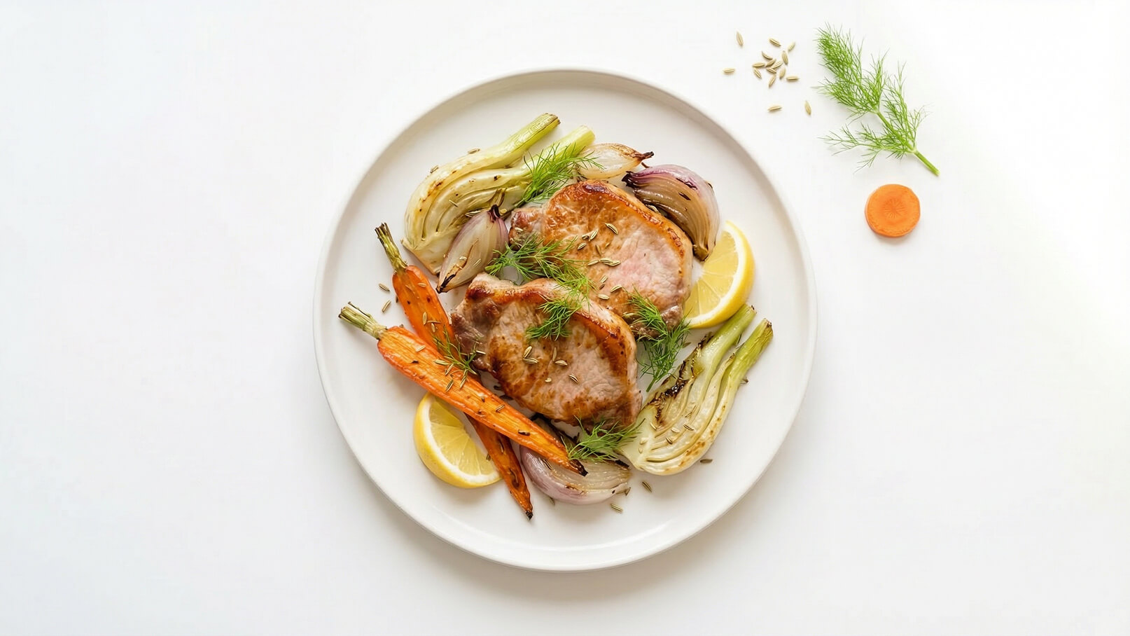 Auf einem weißen Teller befinden sich zwei gebratene Schweinekoteletts, umgeben von gebratenem Gemüse wie Karotten, Fenchel und Zwiebeln. Einige Zitronenscheiben und frischer Dill garnieren das Gericht. Neben dem Teller liegt eine Karottenrunde.