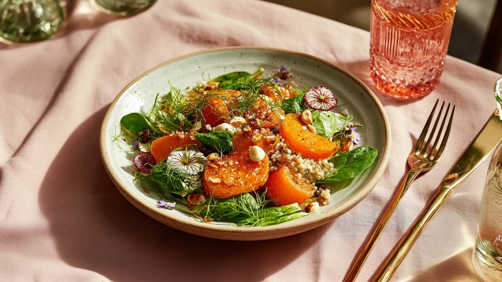 Ein frischer Salat in einer flachen Schüssel. Er besteht aus Spinat, orangefarbenen Kürbisstücken, Quinoa und gehackten Haselnüssen, garniert mit essbaren Blüten und Kräutern. Der Salat liegt auf einem rosa Tischcloth, daneben befinden sich Besteck und ein Glas Wasser.