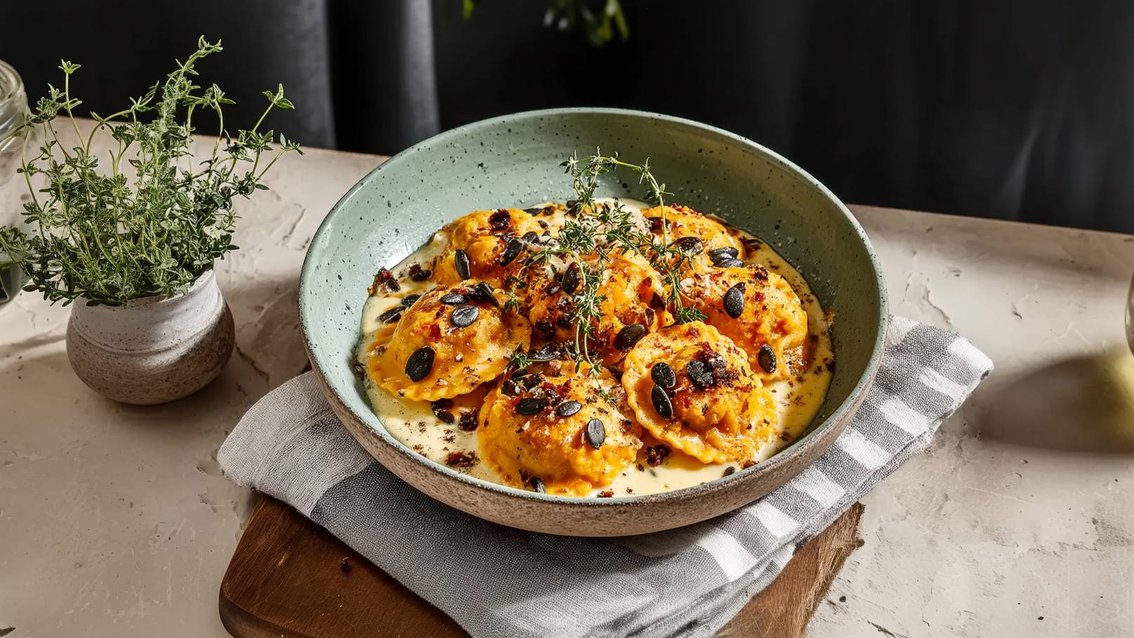 Ein tiefes, rundes grünes Geschirr enthält mehrere orangefarbene Ravioli, umgeben von einer cremigen Soße. Die Ravioli sind mit schwarzen Kürbiskernen und frischen Kräutern garniert. Das Gericht liegt auf einem neutralen Untergrund, umgeben von einem Stofftuch.