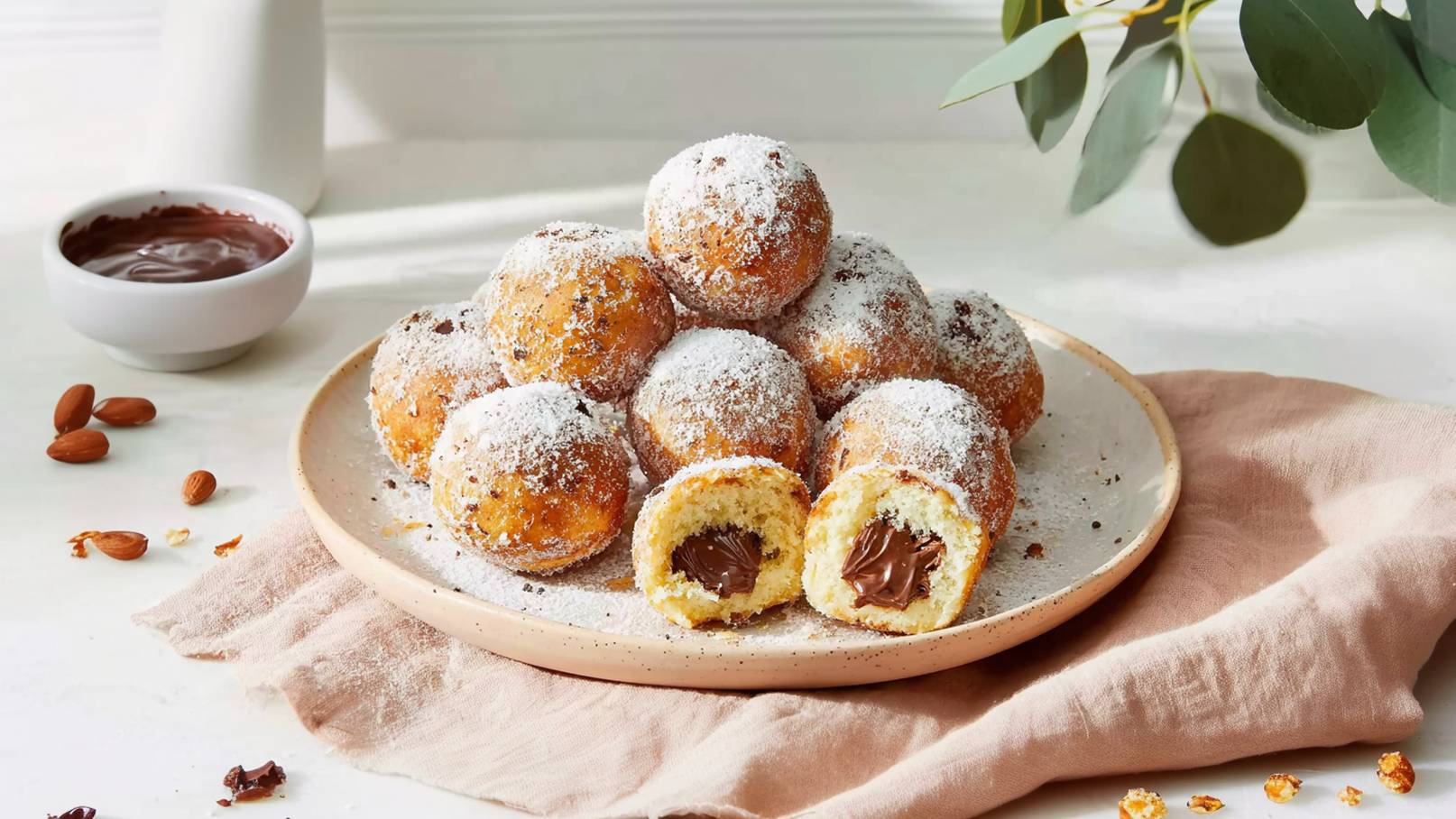 Ein Teller mit runden, panierten Süßigkeiten, bestäubt mit Puderzucker. Einige Stücke sind aufgebrochen und zeigen eine schokoladige Füllung. Neben dem Teller liegen einige Mandeln und ein kleiner Schüssel mit Schokoladensoße.