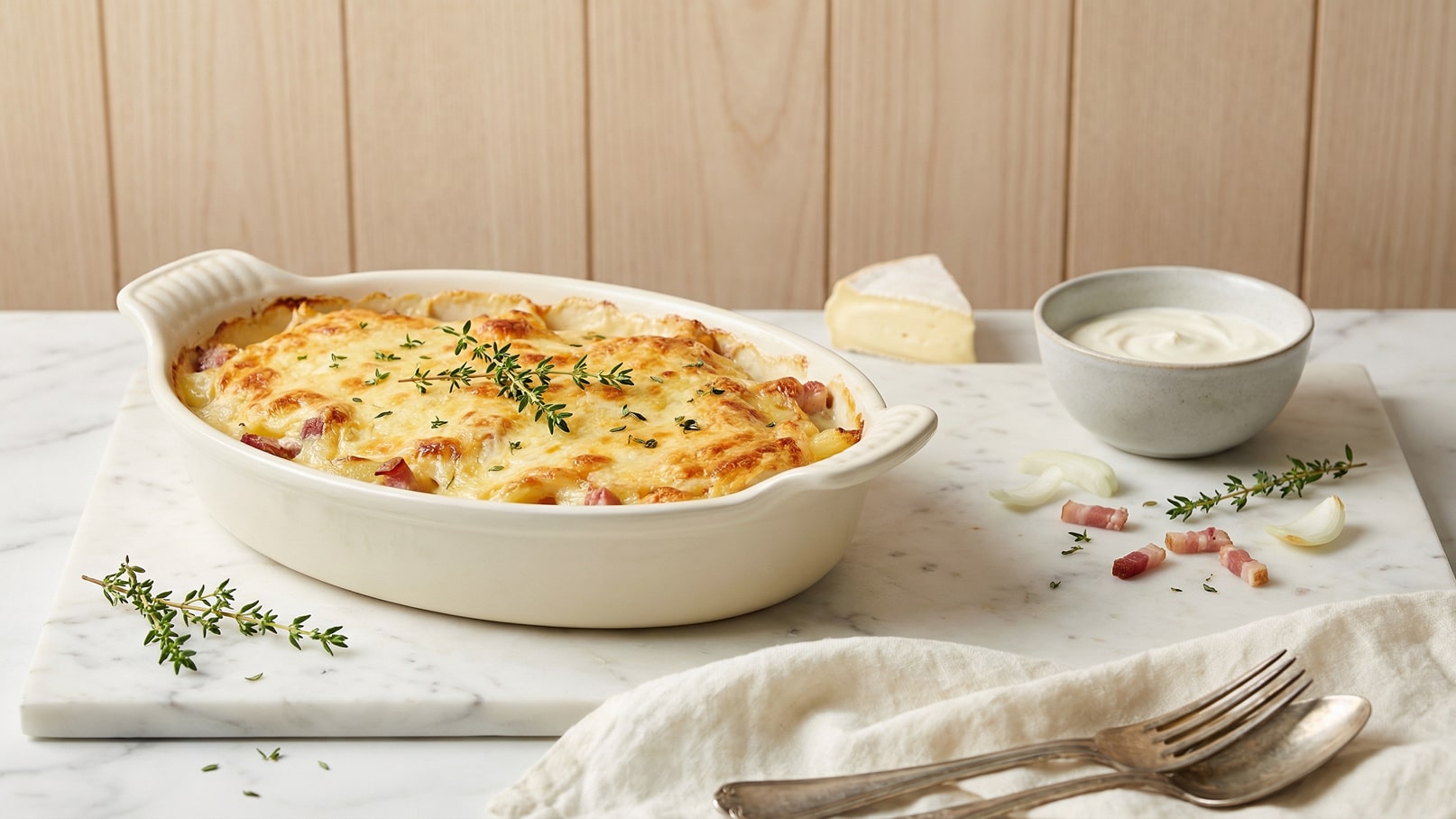Ein gebackenes Gericht in einer weißen Auflaufform, überzogen mit goldbraunem Käse und frischem Thymian. Daneben ein kleiner Schüssel mit einer cremigen Soße, einige Zwiebelstücke und gewürfelter Speck. Der Hintergrund besteht aus hellen Holzwänden und einem Marmoruntergrund.