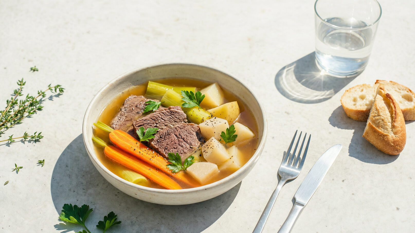 Eine Schüssel mit Fleischsuppe, die Stücke von Rindfleisch, Karotten, Sellerie und Kartoffeln enthält, ist auf einem Tisch platziert. Ein Stück Brot und ein Glas Wasser befinden sich daneben. Die Suppe ist mit frischer Petersilie garniert.