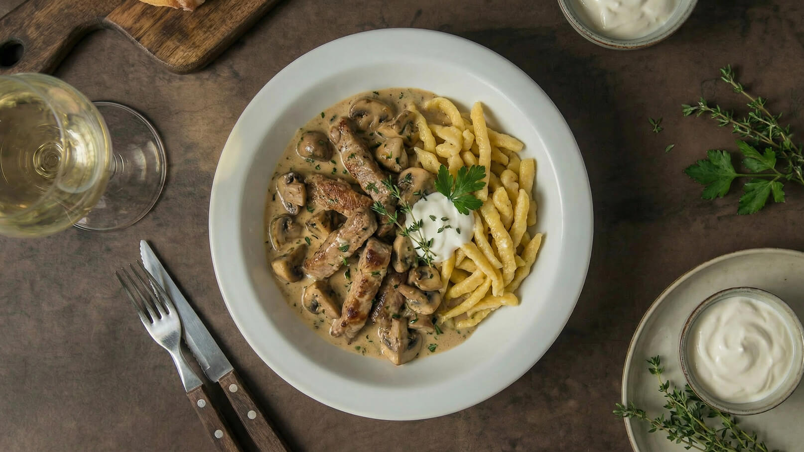 Ein Teller mit saftigen Fleischstreifen in einer cremigen Pilzsauce, serviert mit frischen Spätzle. Ein Klecks saure Sahne und ein paar Blätter Petersilie garnieren das Gericht. Daneben ein Glas Weißwein und einige Kräuter. Der Tisch hat einen rustikalen Holzlook.