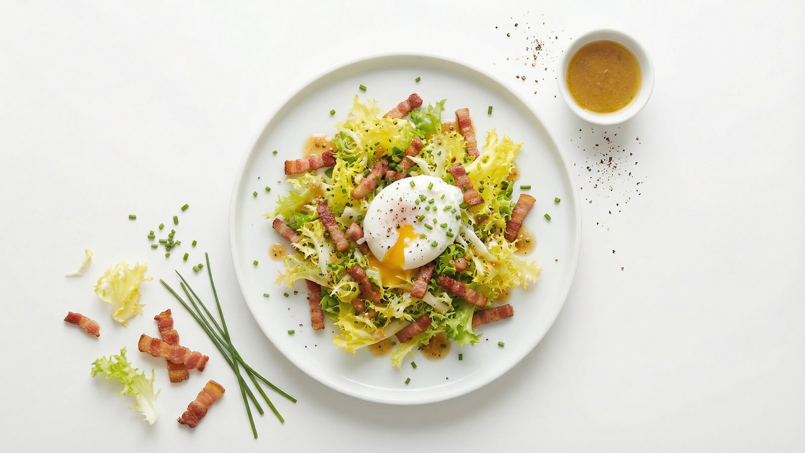 Ein Teller mit einem bunten Salat aus frischem Blattgemüse, gebratenem Speck und einem weich gekochten Ei in der Mitte. Der Salat ist garniert mit gehacktem Schnittlauch und Pfeffer. Neben dem Teller befindet sich eine kleine Schüssel mit Dressing.