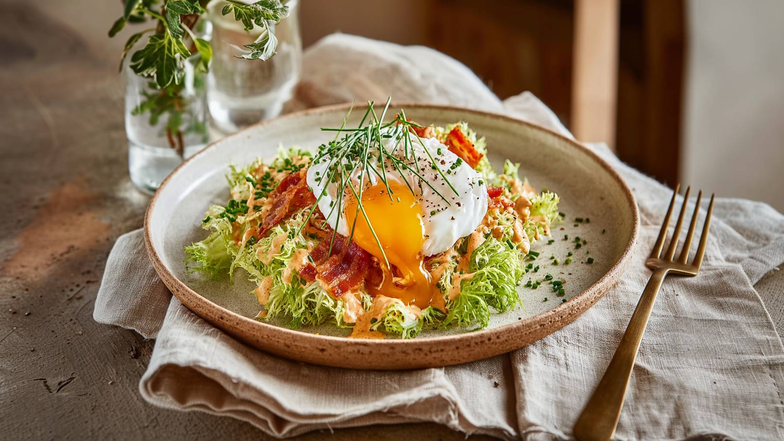 Ein Teller mit frischem Salat, belegt mit knusprigem Speck, einem pochierten Ei und frischen Kräutern. Das Eigelb läuft leicht aus dem Ei. Der Teller steht auf einem hellen Tisch, neben dem eine Gabel und eine Serviette liegen.