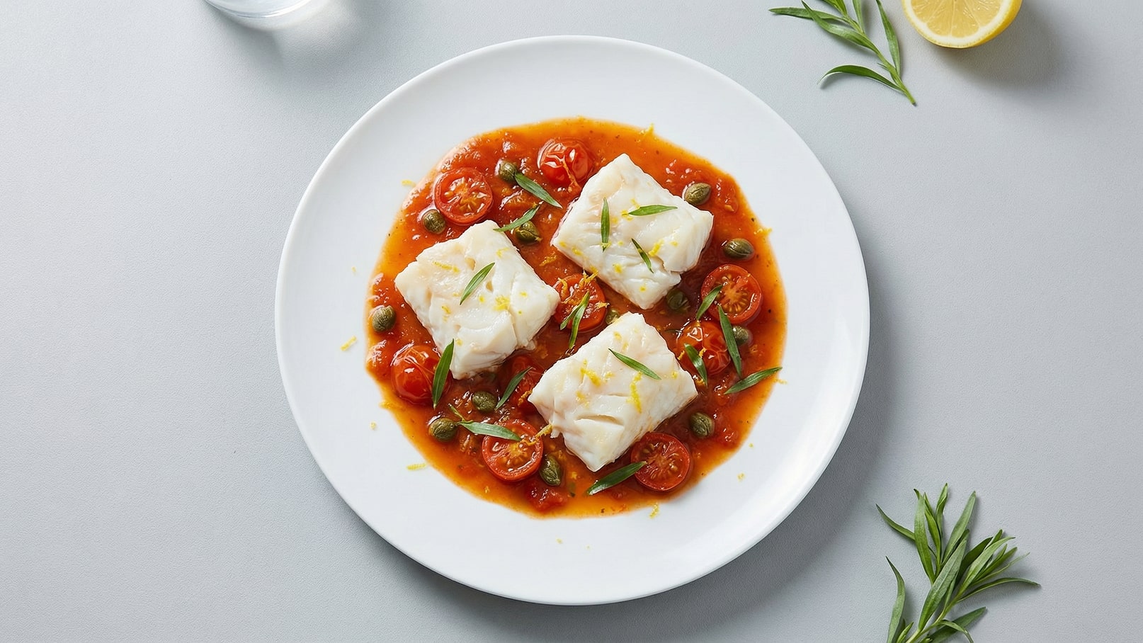 Ein Teller mit drei Stücken Kabeljau in einer Tomatensauce, garniert mit Kirschtomaten, Kapern und frischem Estragon. Die Speise ist mit Zitronenschale bestreut und auf einem hellgrauen Tisch angerichtet.