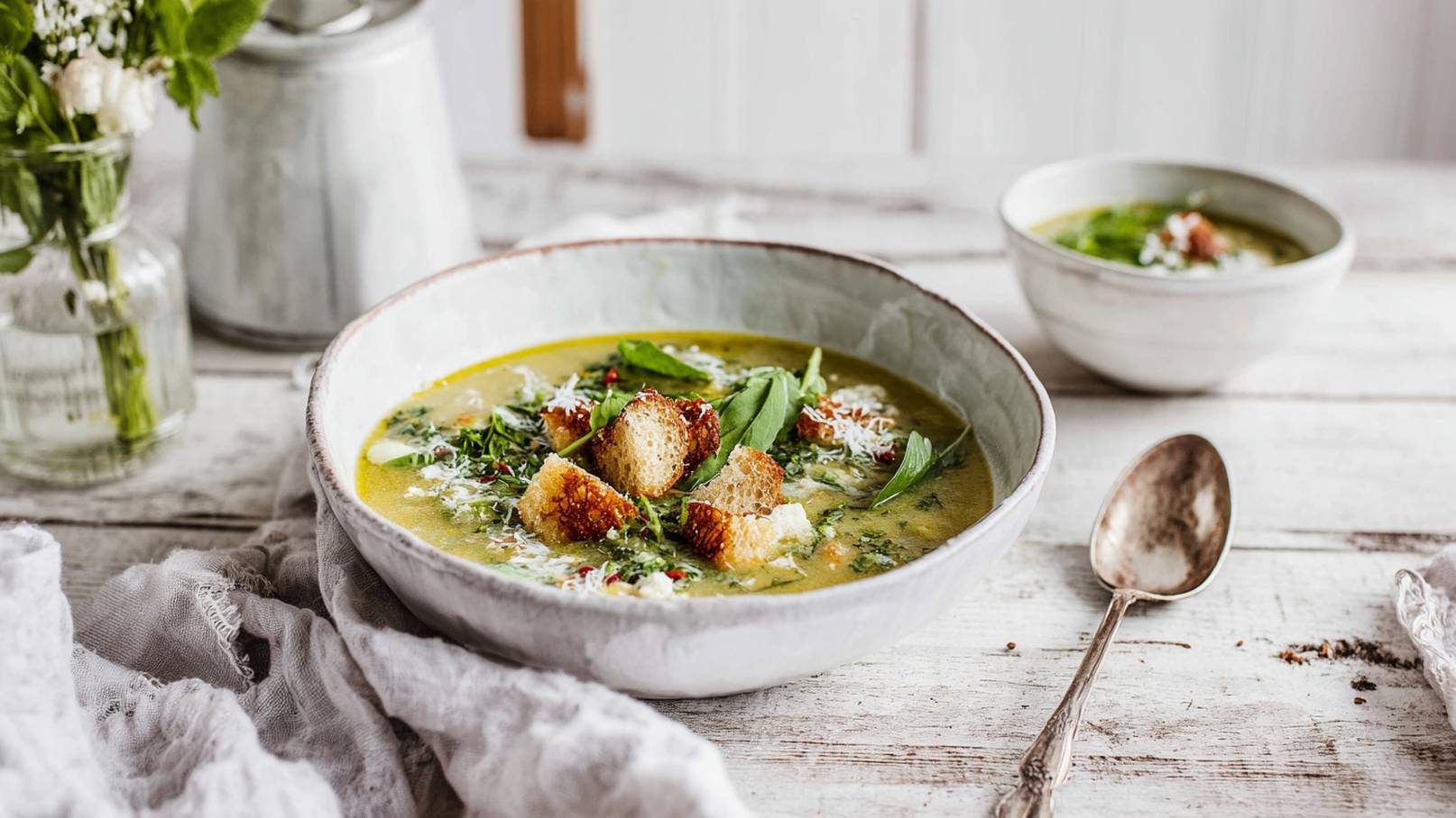 Eine Schüssel mit grüner Suppe, garniert mit frischem Basilikum, Kräutern und knusprigen Brotstücken. Im Hintergrund steht eine weitere, kleinere Schale mit der gleichen Suppe. Der Untergrund ist aus hellem Holz, umgeben von einem leicht zerknitterten Tuch.