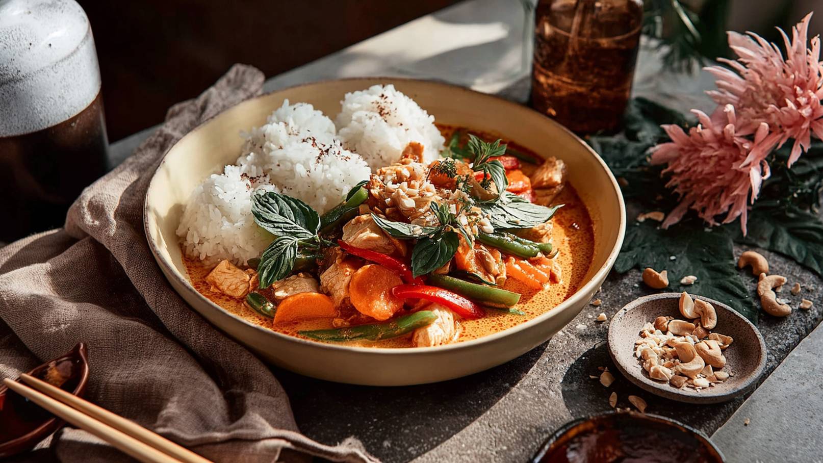 Ein Teller mit duftendem Curry, zubereitet mit Hähnchen, buntem Gemüse wie Karotten und Paprika, garniert mit frischem Basilikum. Daneben liegen zwei Portionen locker gekochter Reis. Im Hintergrund sind dezente Akzente wie Cashewkerne und eine dekorative Blume zu sehen.