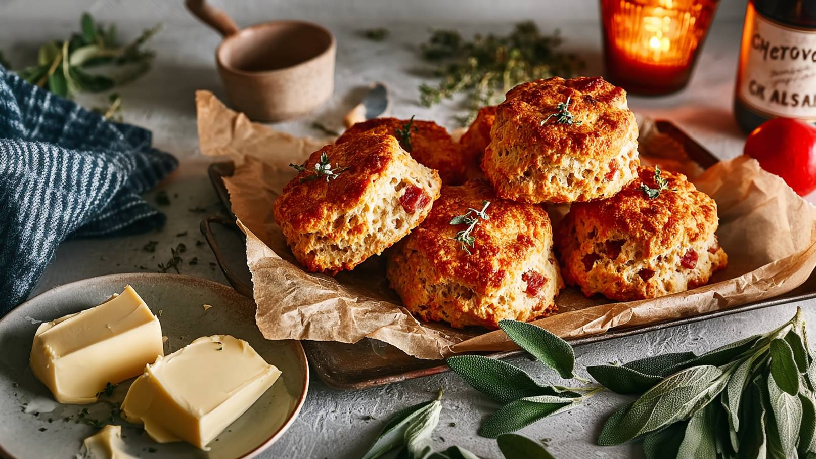Auf einem Holzbrett liegen frisch gebackene Scones mit einer goldbraunen Kruste, garniert mit kleinen Kräutern. Neben ihnen befinden sich zwei Stücke Butter auf einem Teller. Der Hintergrund ist unscharf, mit einigen dekorativen Elementen und Kräutern.