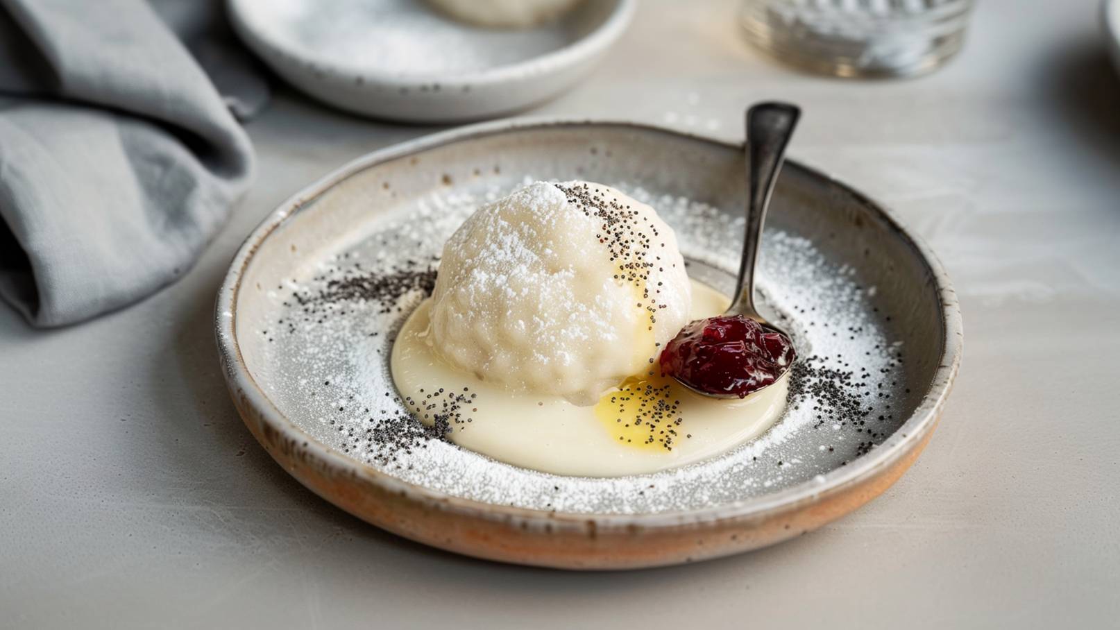Ein Teller mit einer runden, weißen Dessert-Portion, umgeben von einer cremigen Sauce. Obenauf liegt Puderzucker und Mohnsamen. Neben dem Dessert befindet sich ein Teelöffel mit roter Fruchtsoße. Die Präsentation wirkt erfrischend und ansprechend.