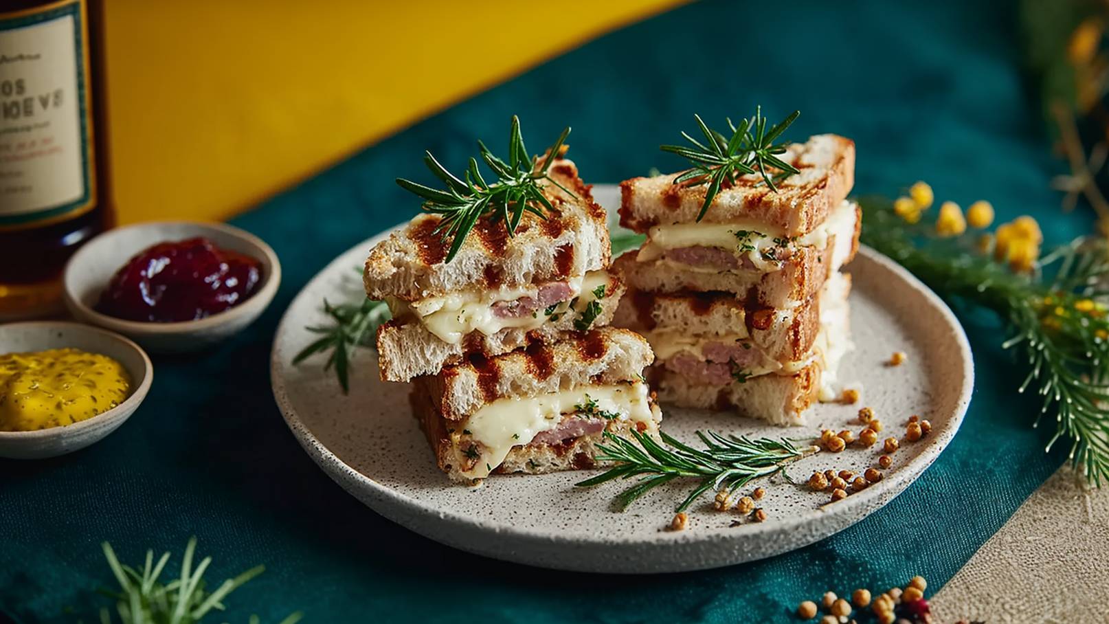 Ein Teller mit gestapelten Sandwiches, gefüllt mit Käse und Schinken, garniert mit frischem Rosmarin. Daneben kleine Schalen mit Senf und Marmelade. Der Hintergrund ist farbenfroh und kontrastreich.