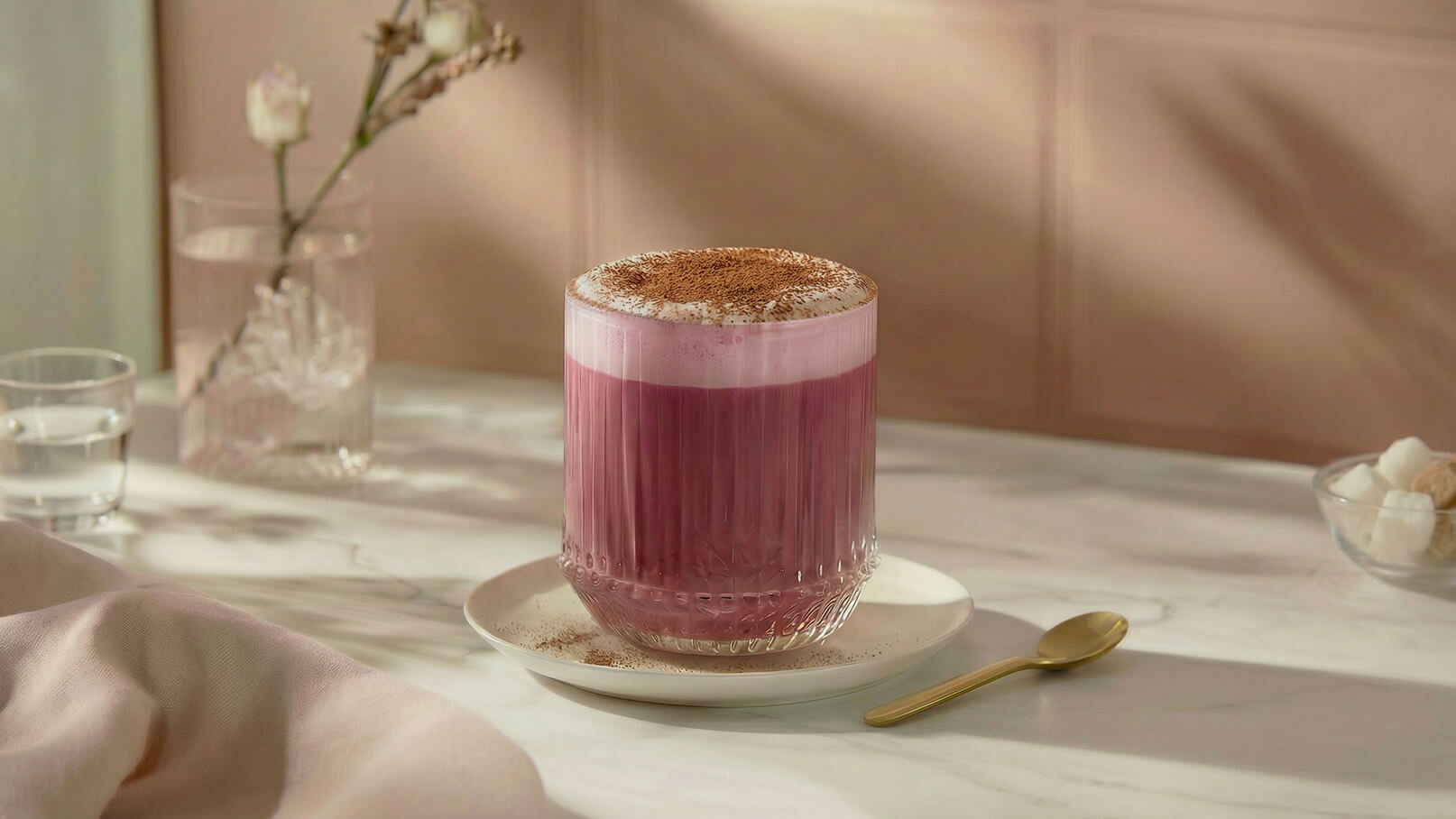 Ein elegantes Glas mit einem lila Getränk, oben mit Schaum und einer Kakao- oder Zimtdecke. Das Glas steht auf einem weißen Teller, daneben liegt ein goldener Löffel. Im Hintergrund sind ein Wasserkrug und ein Glas Wasser sichtbar. Der Tisch ist marmoriert und sanft beleuchtet.