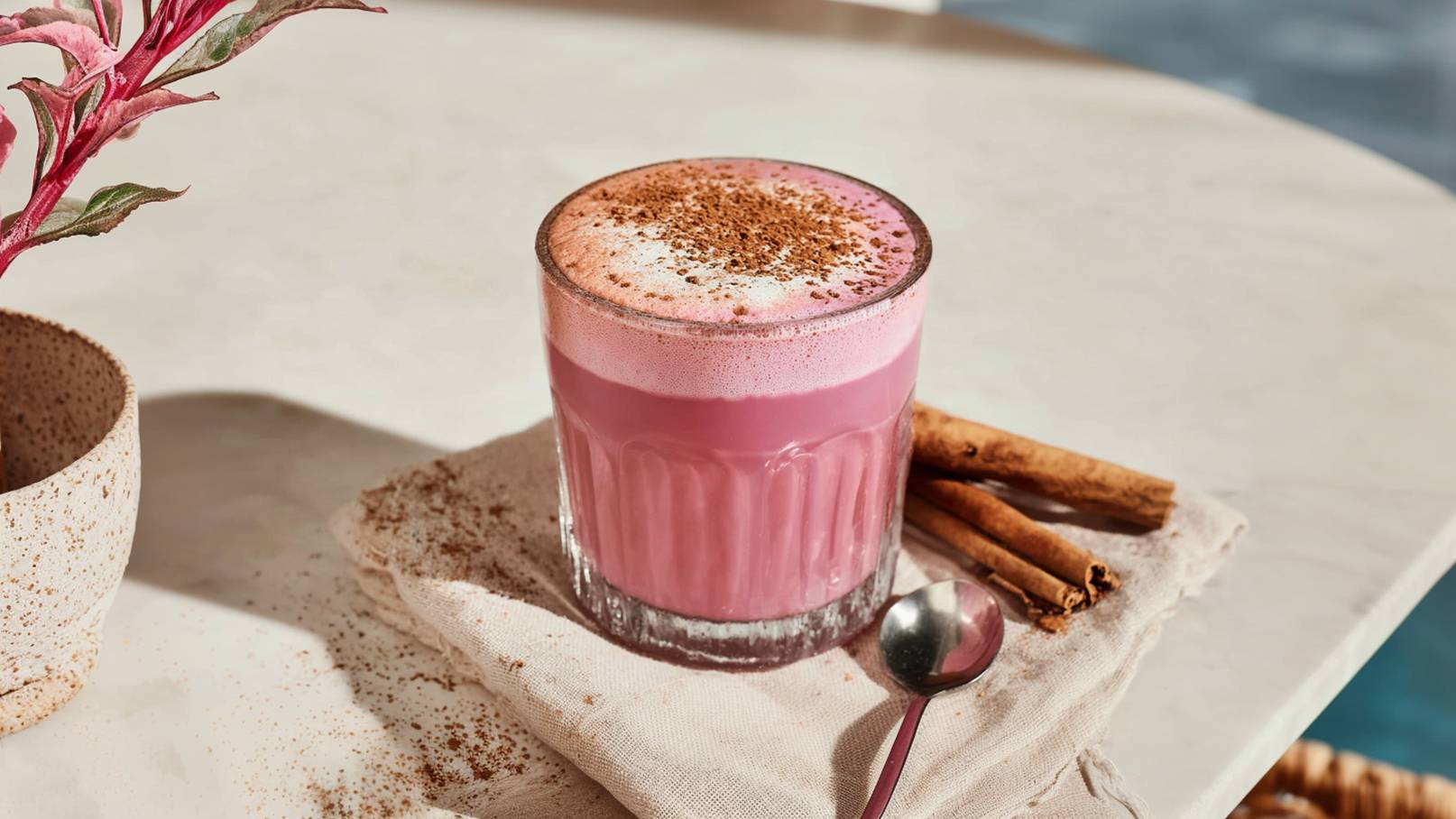 Ein Glas mit einem rosa Getränk, das eine schaumige Oberseite hat, steht auf einem hellen Untergrund. Neben dem Glas liegen einige Zimtstangen und eine Löffel. Ein leichtes, texturiertes Tuch befindet sich unter dem Glas.