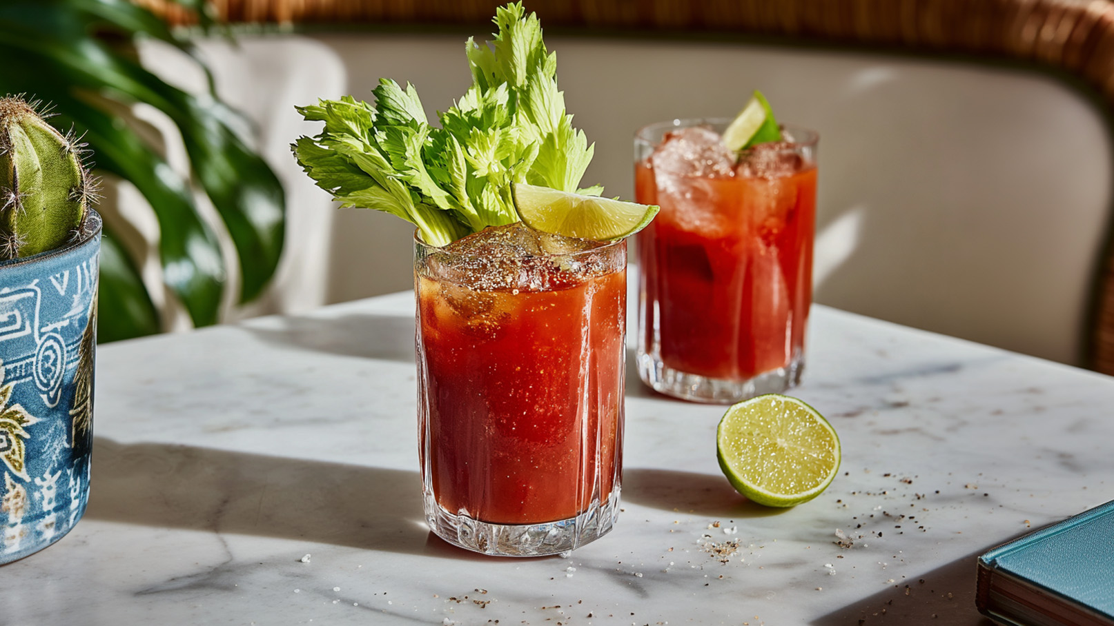 Zwei Cocktailgläser mit einem roten Getränk, garniert mit Sellerie und Limettenspalten, stehen auf einem hellen Tisch. Eine halbierte Limette liegt neben einem der Gläser. Im Hintergrund sind Pflanzen und eine dekorative Elemente sichtbar.