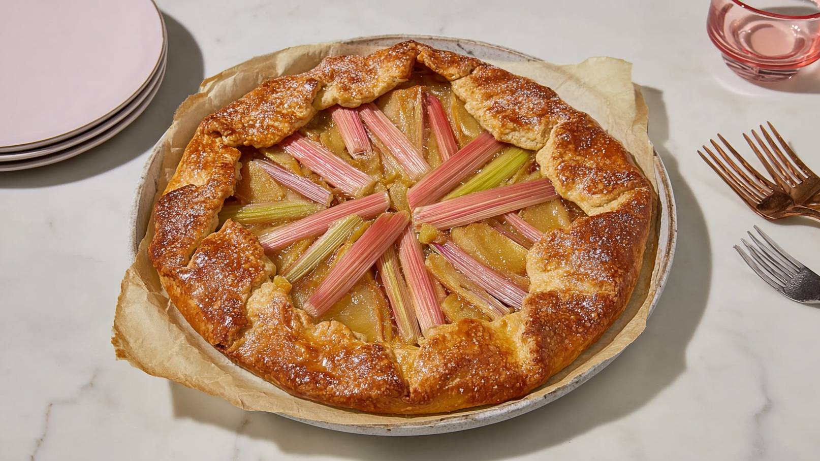 Ein frisch gebackener Rhabarberkuchen in einer runden Form mit goldbrauner Kruste. Der Kuchen ist dekorativ mit Rhabarberstangen angeordnet, die in gleichmäßigen Fächern auf dem Kuchen liegen. Der Hintergrund zeigt eine helle Tischplatte.