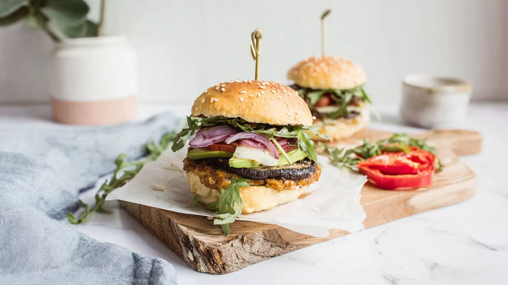Ein frisch zubereiteter Burger auf einem Holzbrett, belegt mit buntem Gemüse wie roten Zwiebeln, Salat und Gurken. Der Burger hat ein Sesambrötchen und einen pflanzlichen Patty. Neben dem Burger liegt eine Tomatenscheibe. Der Hintergrund ist hell und neutral gehalten.