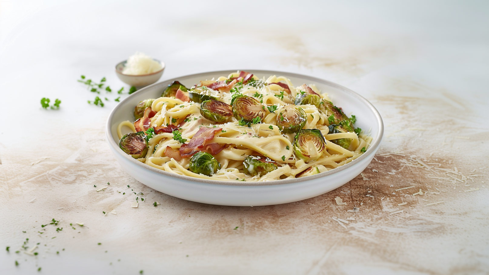 Ein Teller Spaghetti mit geröstetem Speck und Rosenkohl, garniert mit frischem Koriander und Parmesan. Die Pasta liegt auf einem hellen, runden Teller und wird von einer eleganten Marmoroberfläche umgeben.