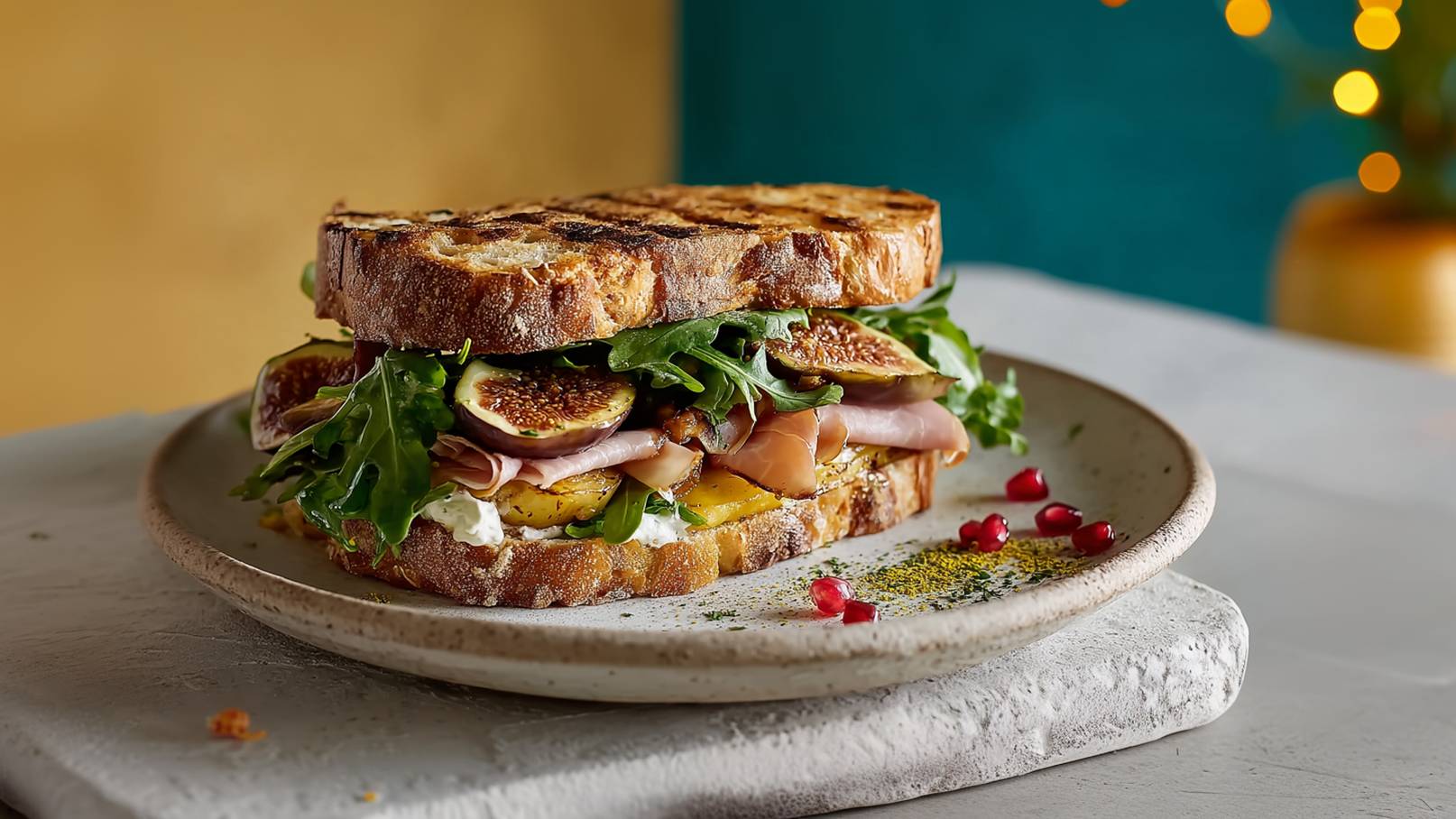Ein rustikales Sandwich besteht aus geröstetem Brot, gefüllt mit frischen Feigen, Rucola, Schinken und einer cremigen Schicht. Es liegt auf einem hellen Teller, umgeben von einigen Granatapfelkernen und Gewürzen. Der Hintergrund ist in sanften Farben gehalten.