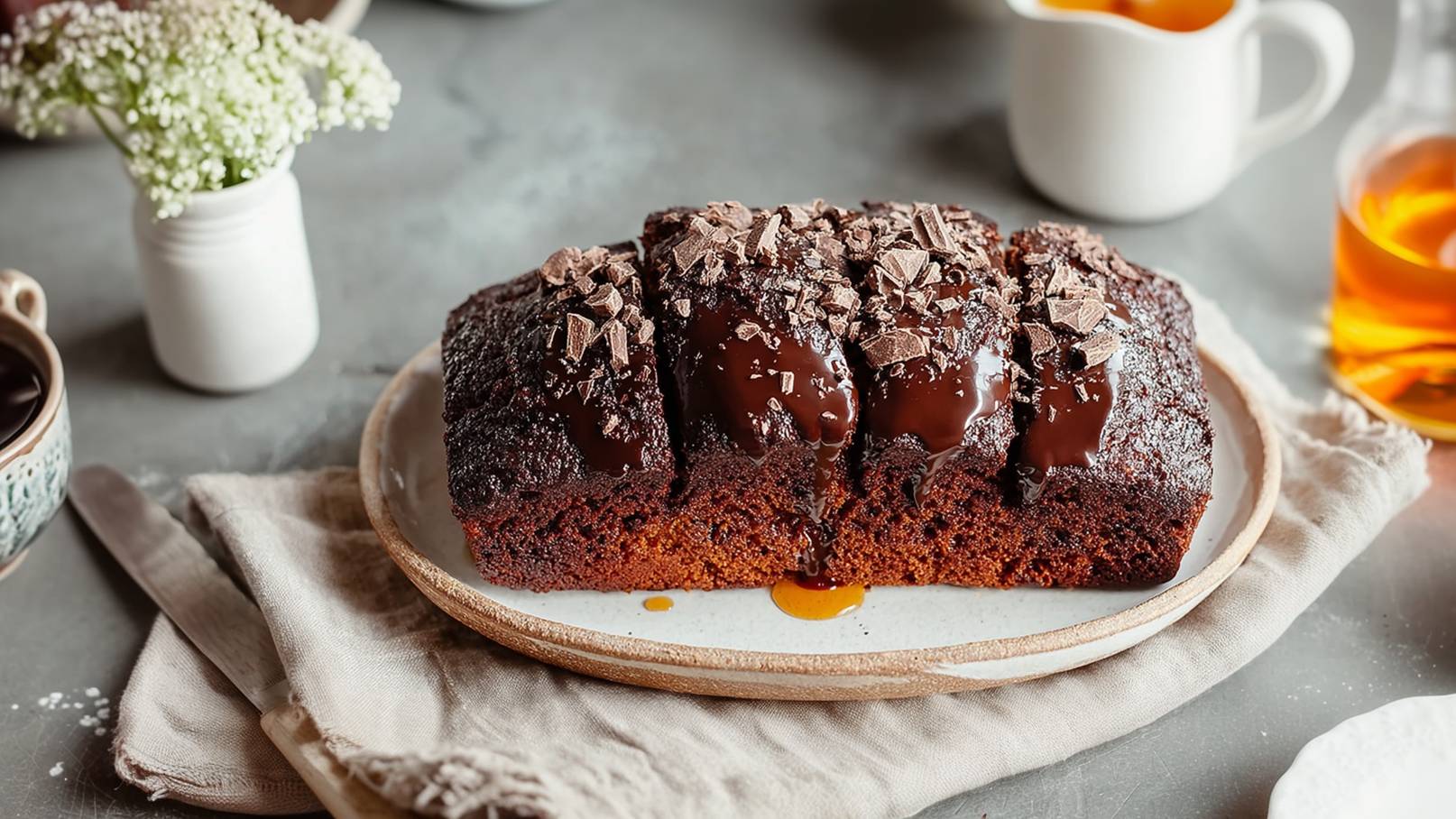 Ein frisch gebackener Schokoladenkuchen auf einem weißen Teller, garniert mit Schokolade und dekorativen Stückchen. Der Kuchen liegt auf einem gefalteten, hellen Küchenhandtuch, umgeben von einer Tasse Kaffee und einer Vase mit kleinen weißen Blumen.