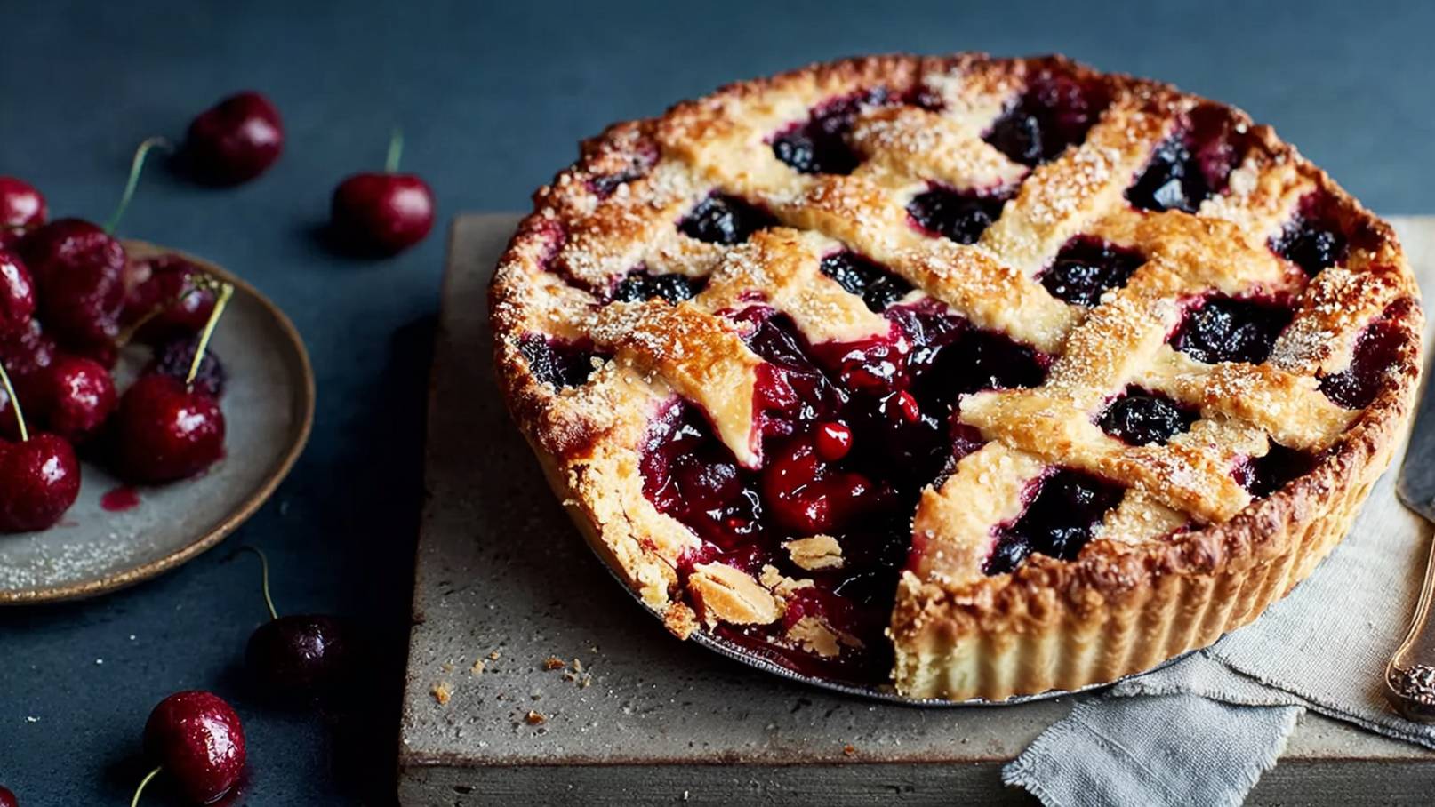 Ein frisch gebackener Kirschkuchen auf einem schlichten Holzbrett. Der Kuchen hat ein gitterartiges Teiggitter und ist mit köstlicher roter Füllung sichtbar. Neben dem Kuchen liegen einige frische Kirschen auf einem Teller.